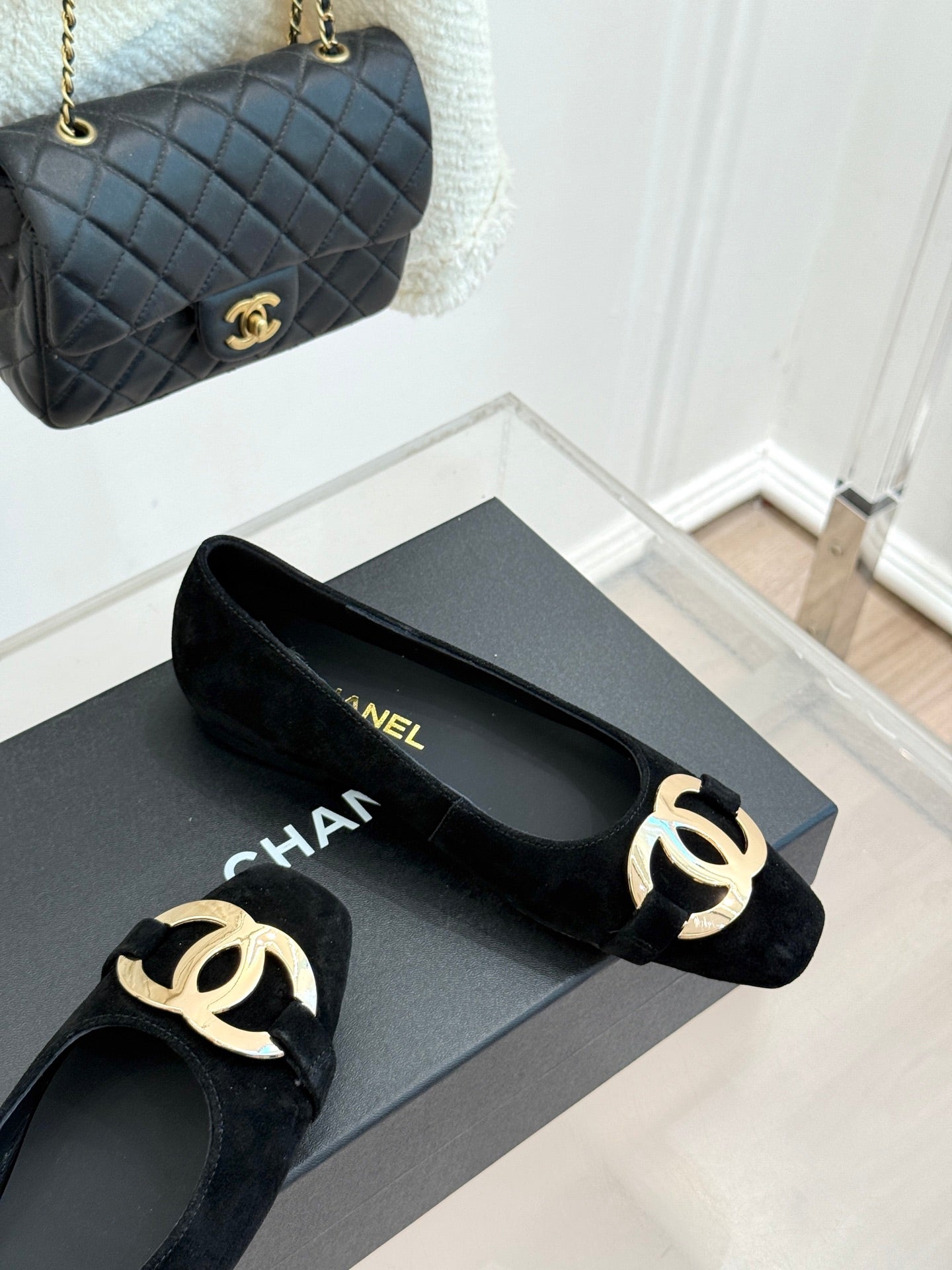 CC 26s Buckle Square Toe Ballet Flat Black Suede 829734