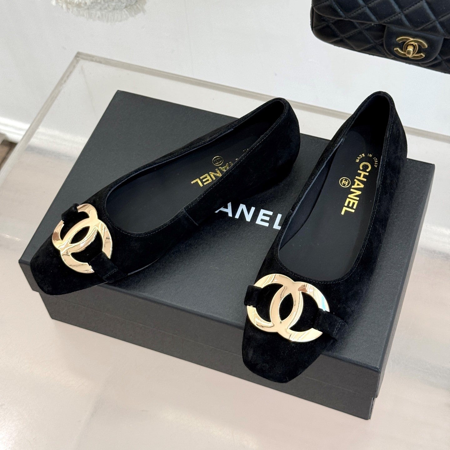CC 26s Buckle Square Toe Ballet Flat Black Suede 829734