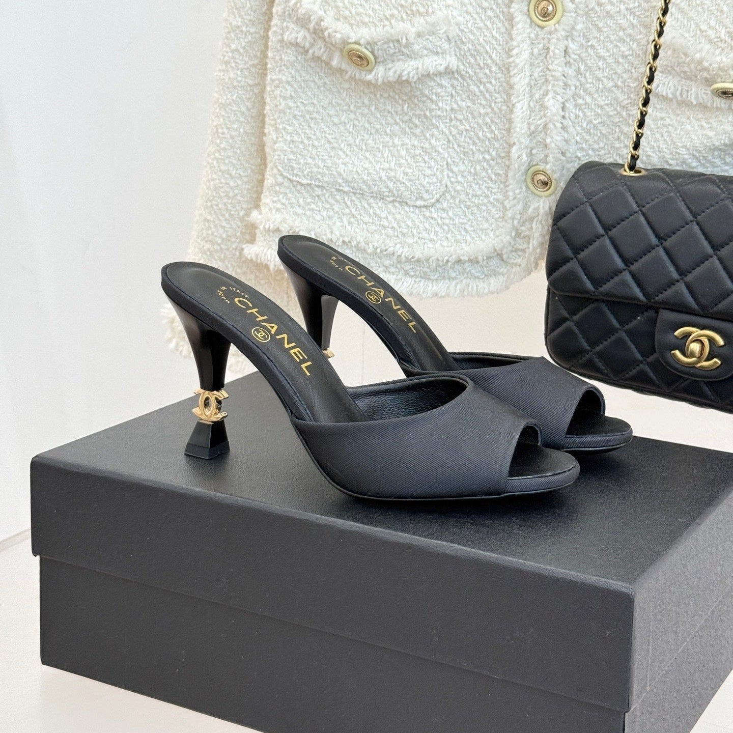 CC 26s Open-Toe Mule Sandals Black Satin 936839