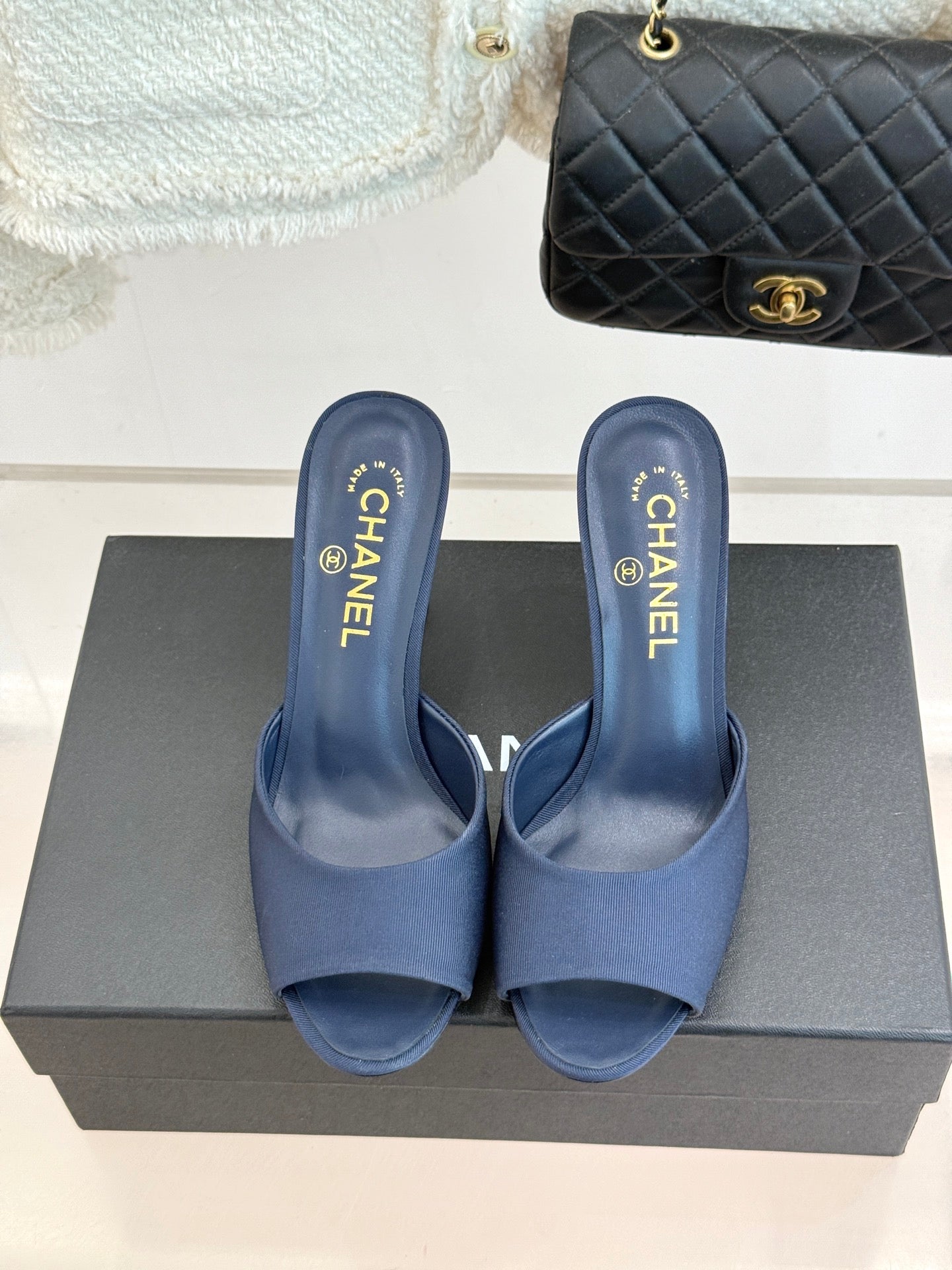 CC 26s Open-Toe Mule Sandals Dark Blue Satin 936841