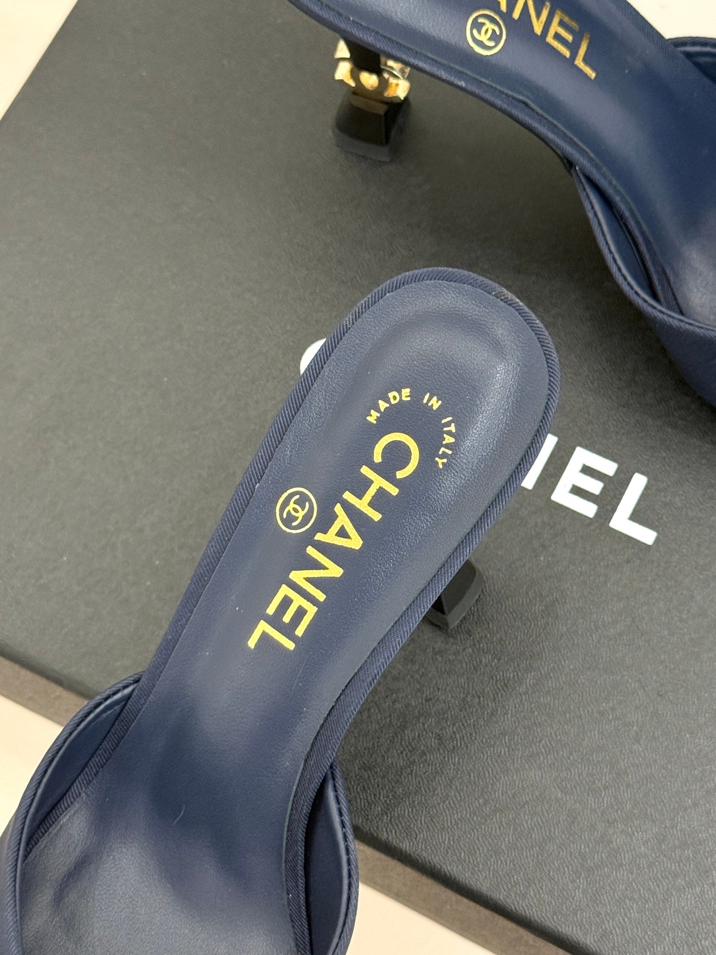 CC 26s Open-Toe Mule Sandals Dark Blue Satin 936841