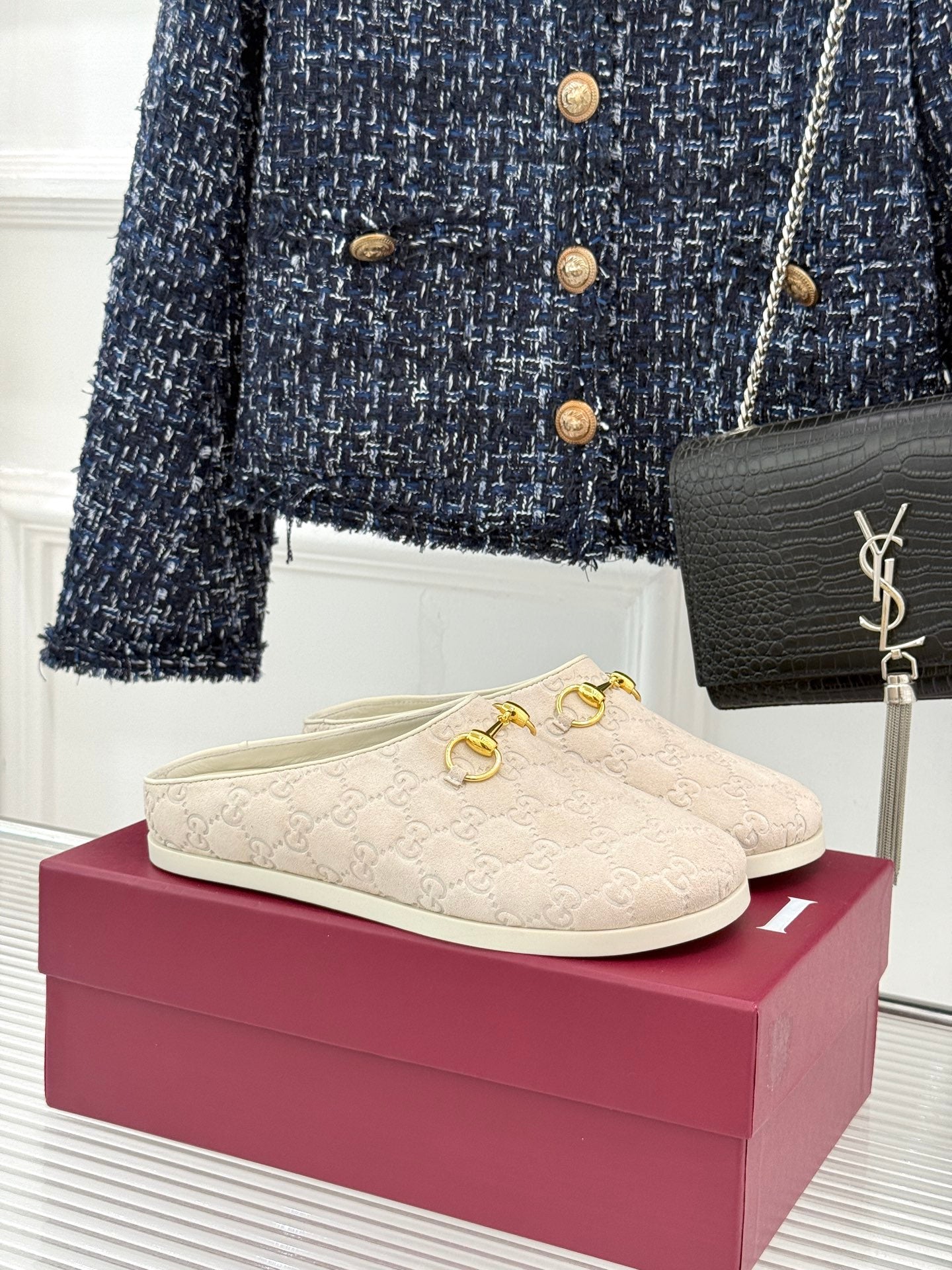 GG Mule With Horsebit Cream Suede 905742