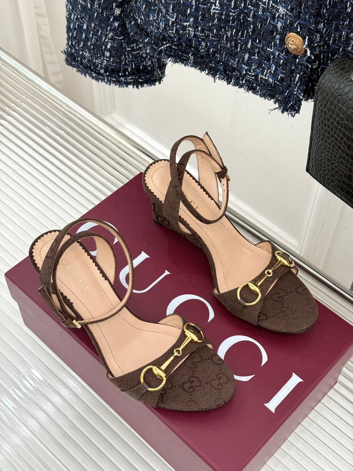 GG 26s Donna Wedge Sandal 8cm Coffee Canvas 991732