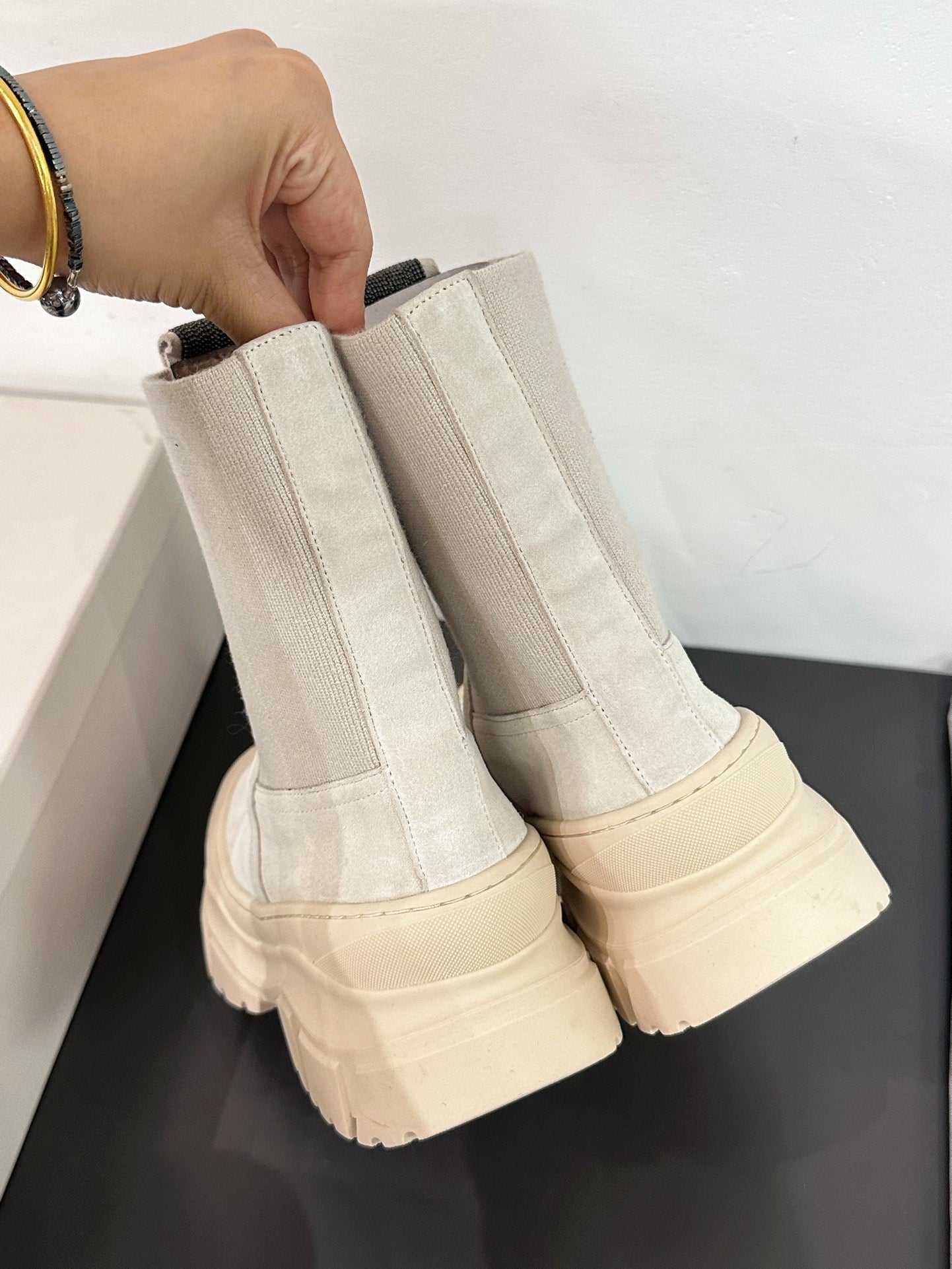 Brunello Monili-Bead Ankle Boots Ivory Suede Knit 607849