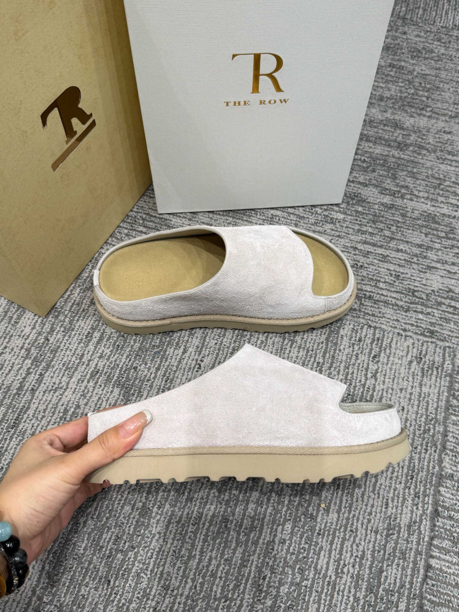The Row Slide Sandals White Cow Suede 337471