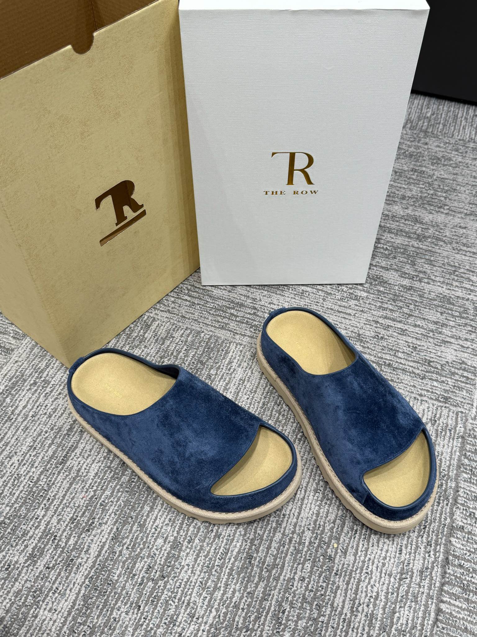 The Row Slide Sandals Navy  Cow Suede 337474