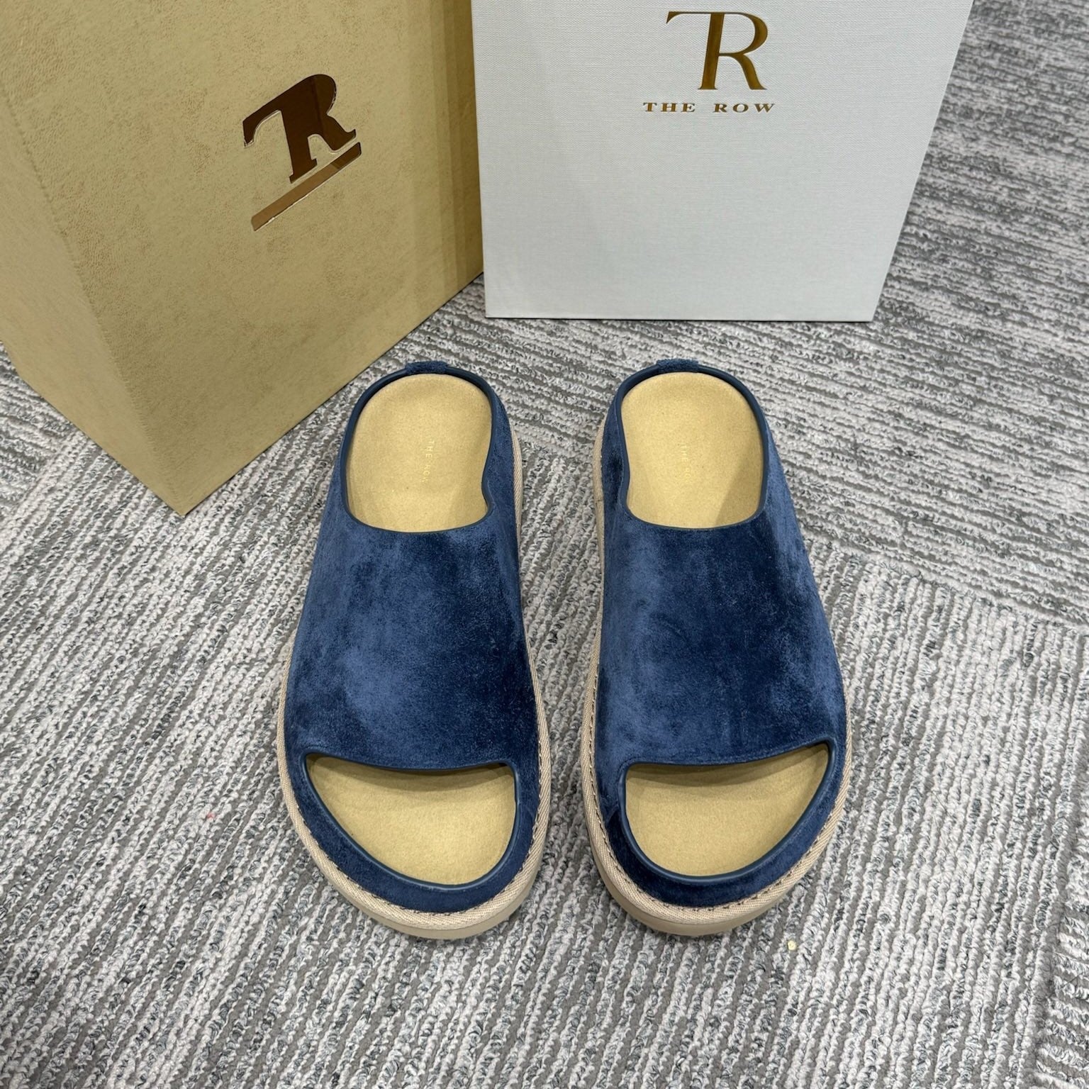 The Row Slide Sandals Navy  Cow Suede 337474