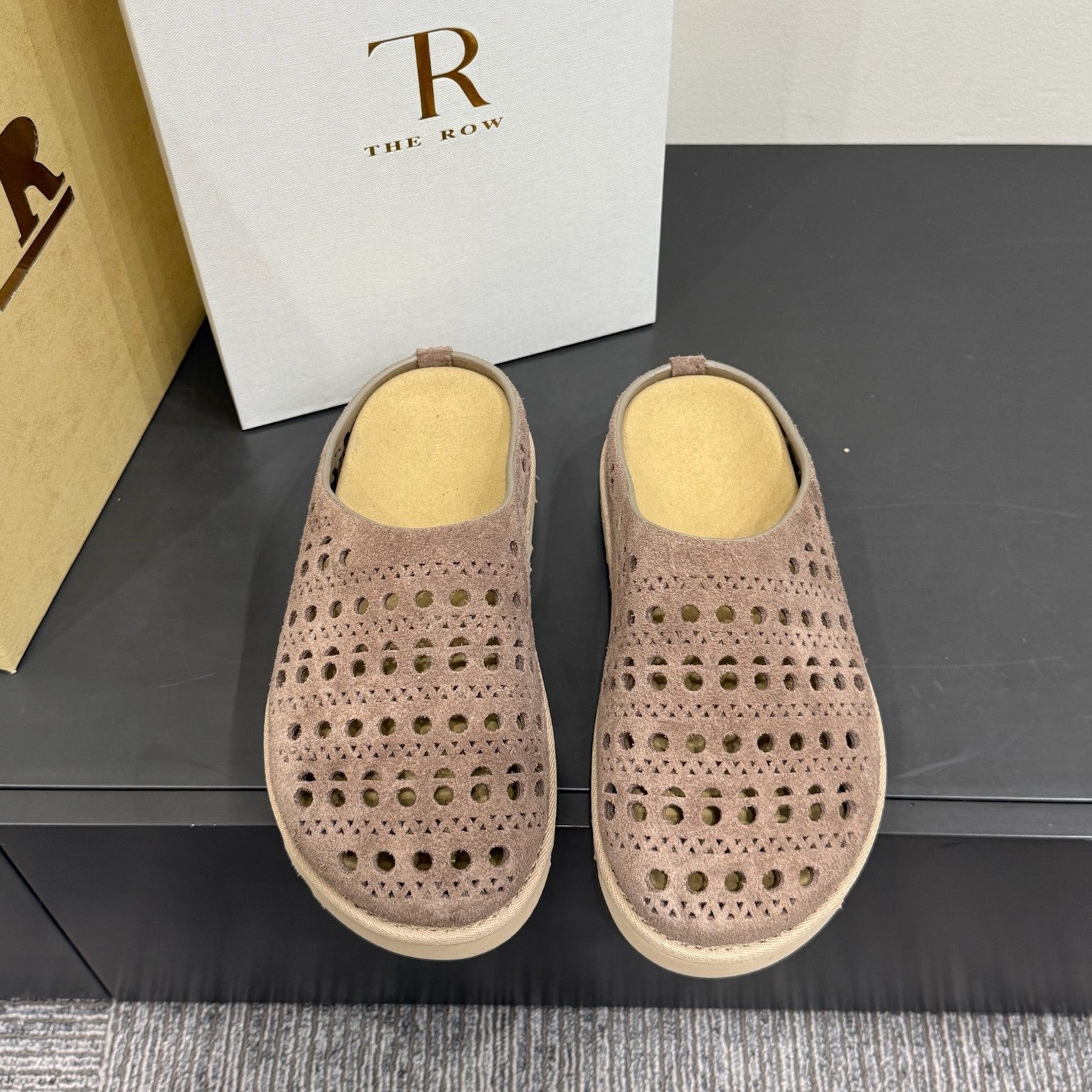 The Row Laser-cut Toe Slippers Taupe Cow Suede 337485