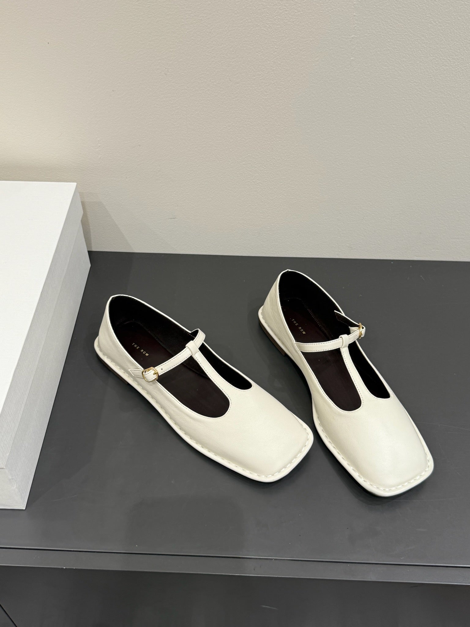 The Row Square T-Strap  Flat White Sheepskin 337498