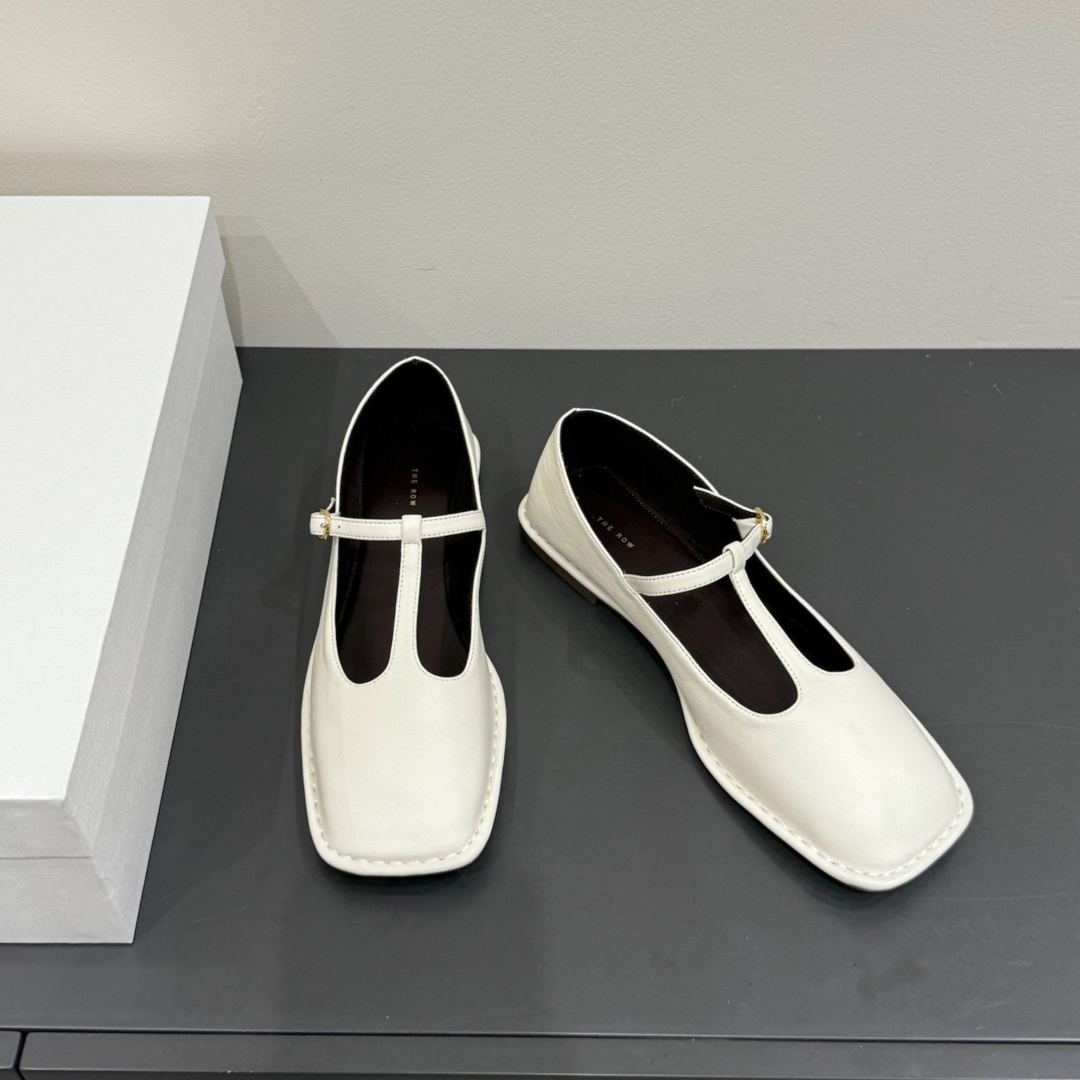 The Row Square T-Strap  Flat White Sheepskin 337498