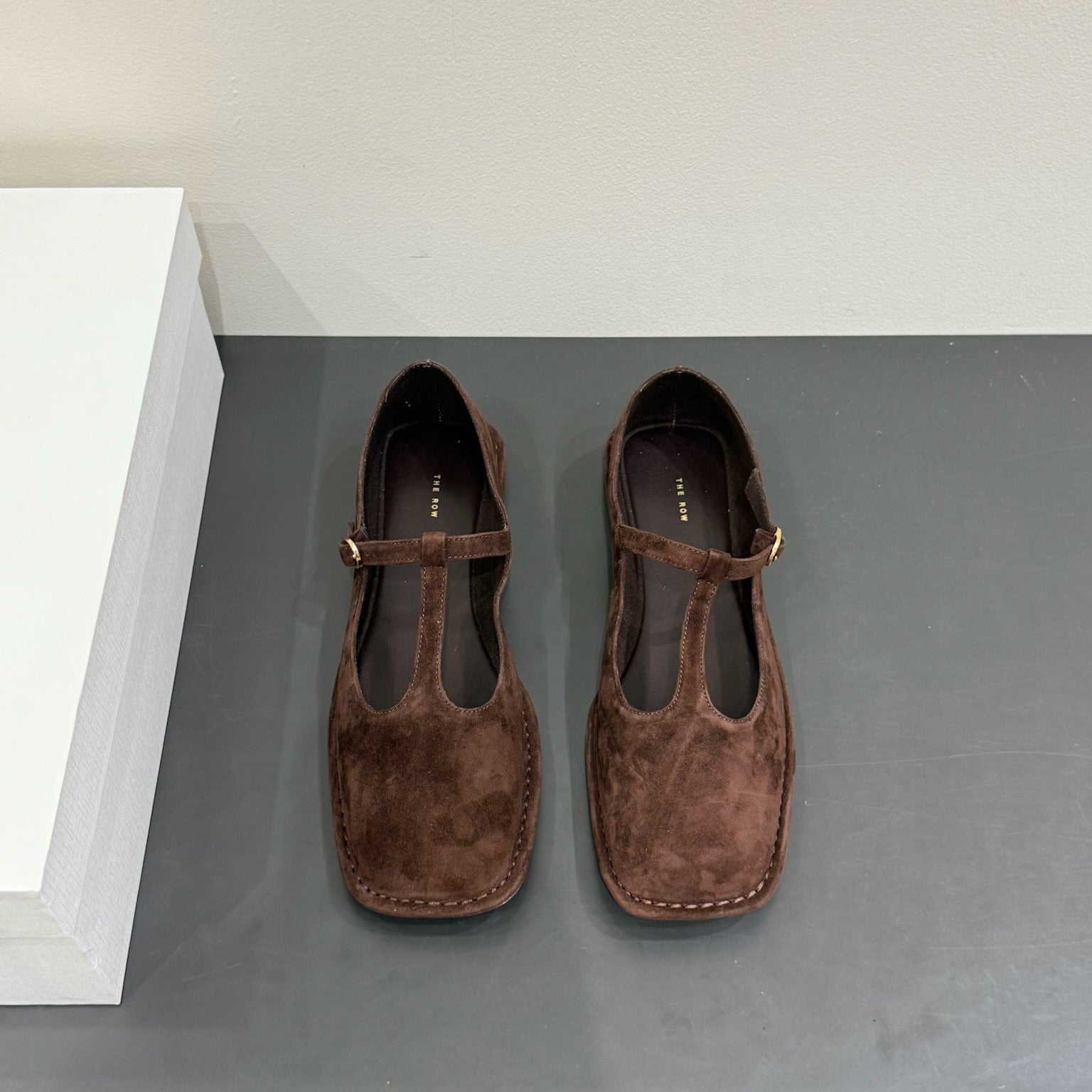 The Row Square T-Strap  Flat Dark Brown Suede 337499