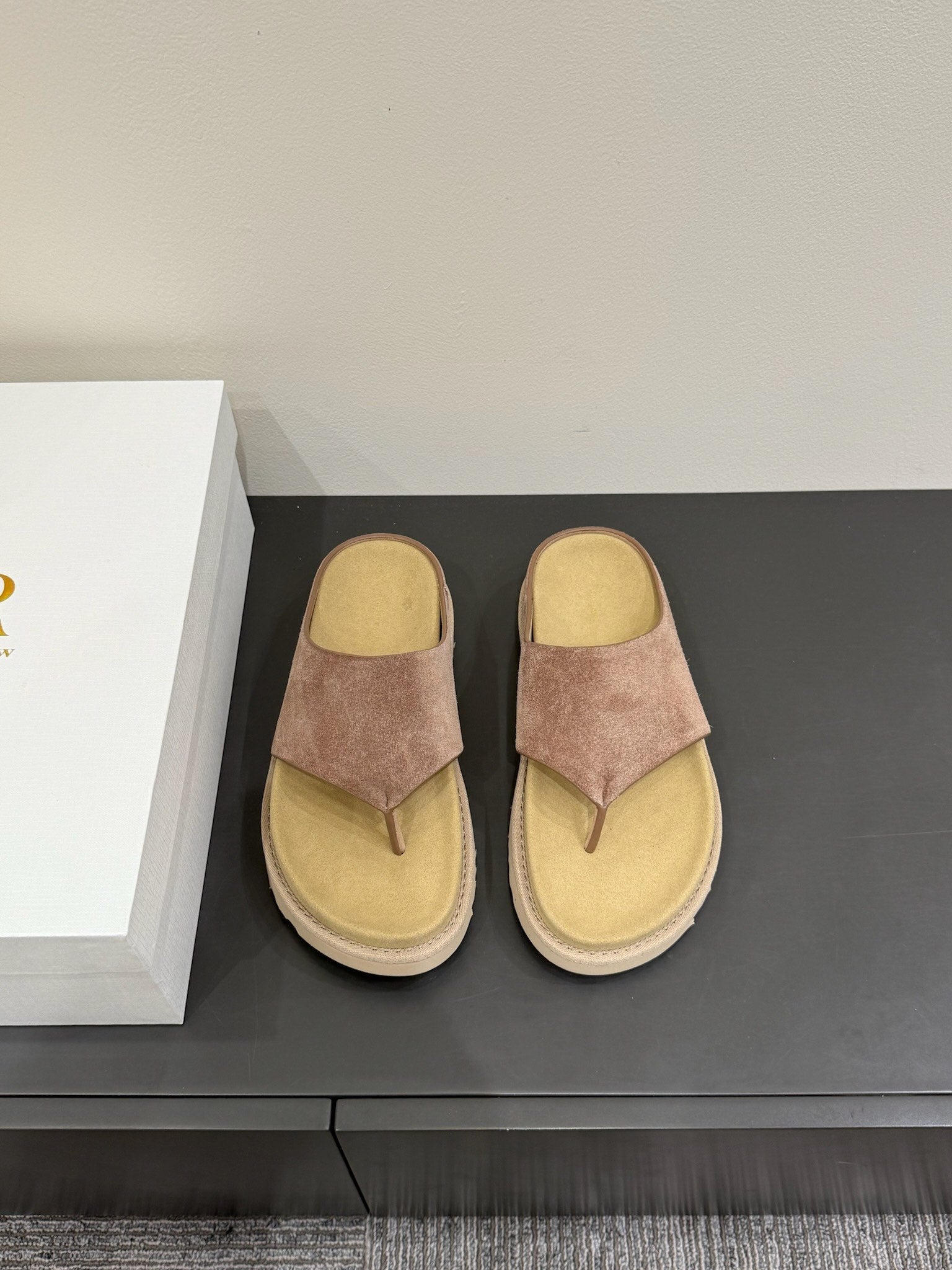 The Row Flat Sandal  Warm Beige Cow Suede 337500
