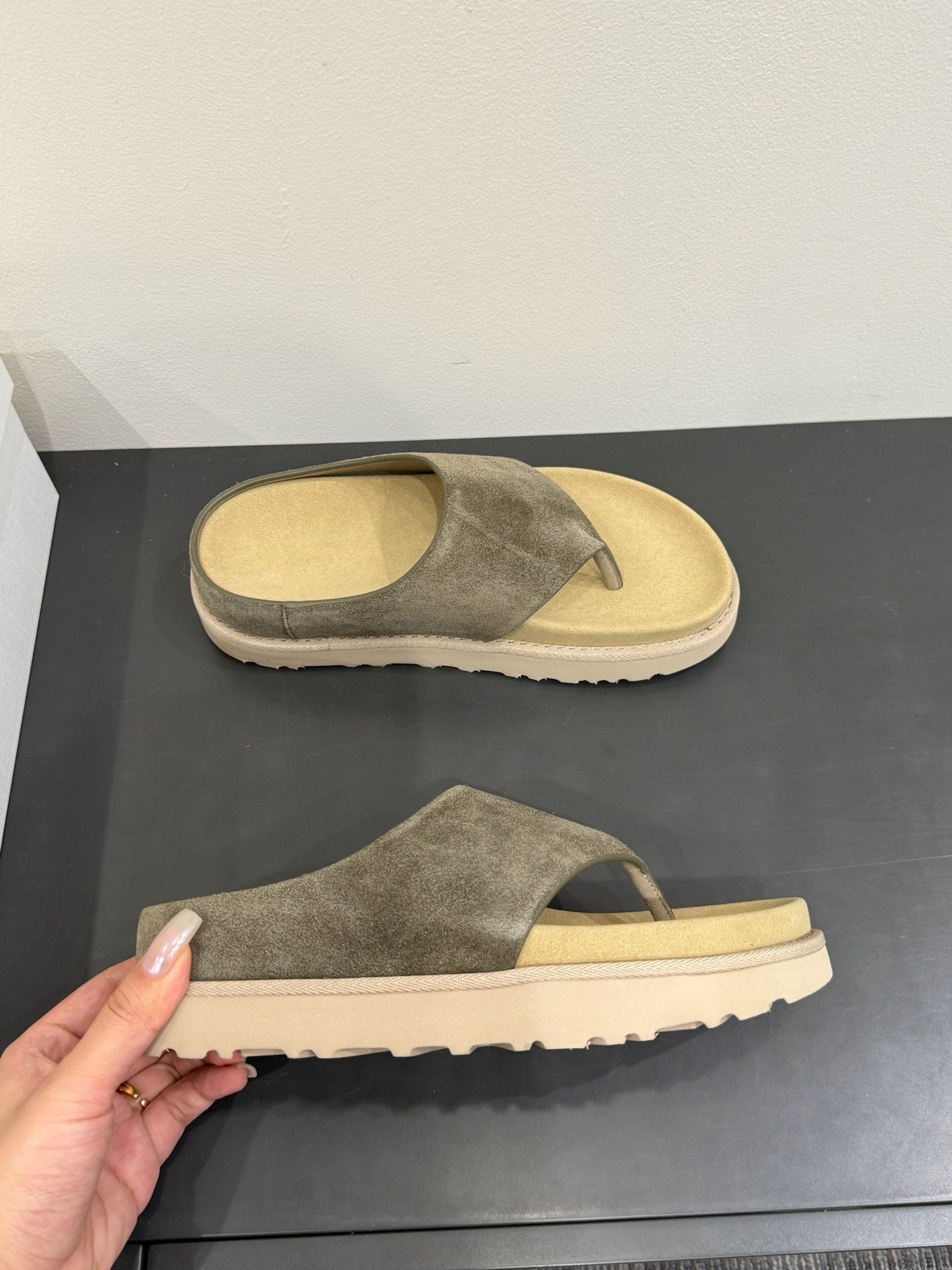 The Row Flat Sandal  Dark Olive Brown Cow Suede 337501