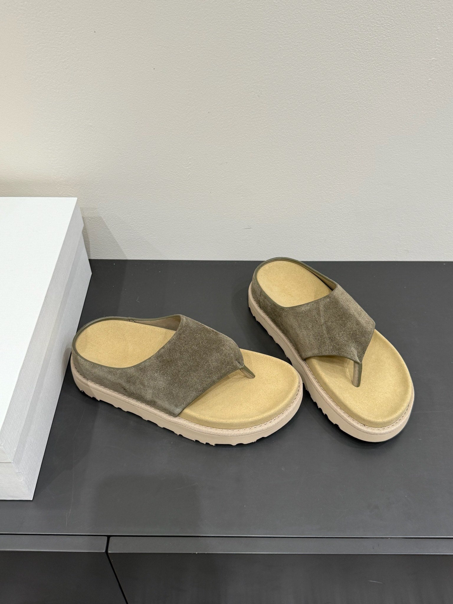 The Row Flat Sandal  Dark Olive Brown Cow Suede 337501