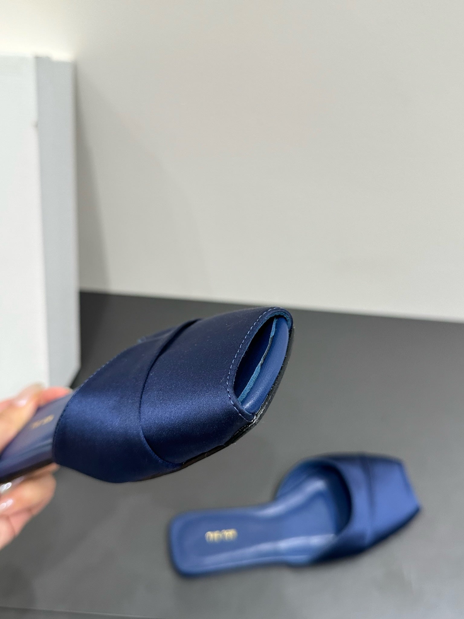 The Row Mule Sandal Navy Blue Satin And Sheepskin Lining 337504