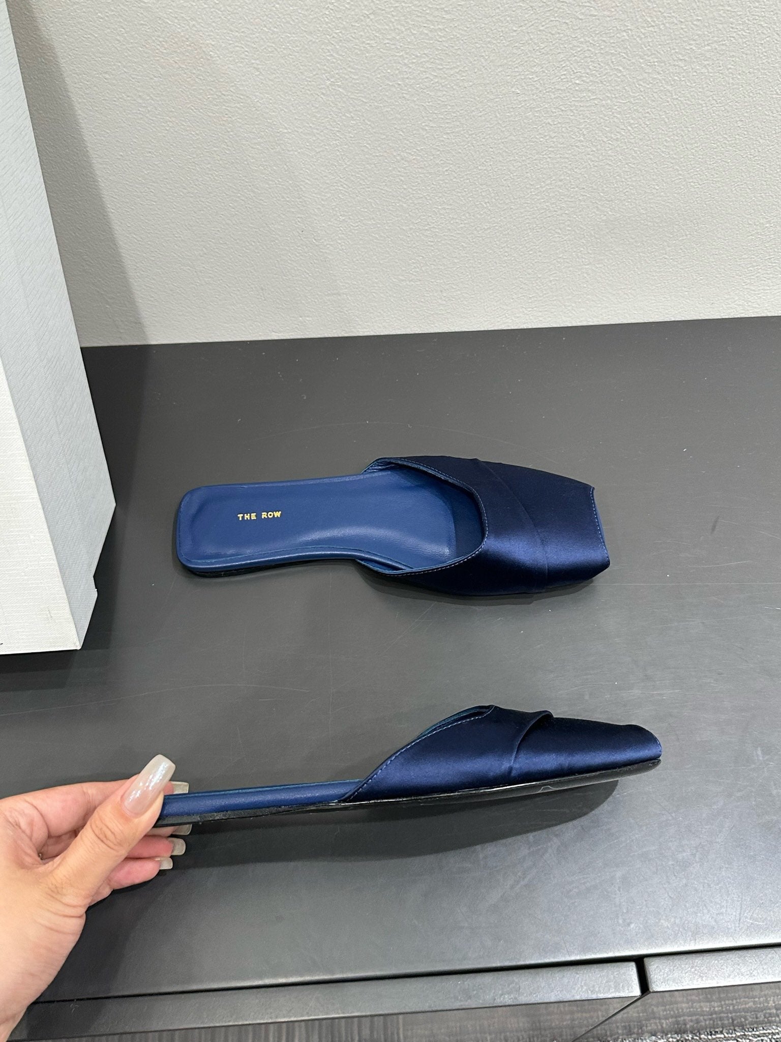 The Row Mule Sandal Navy Blue Satin And Sheepskin Lining 337504
