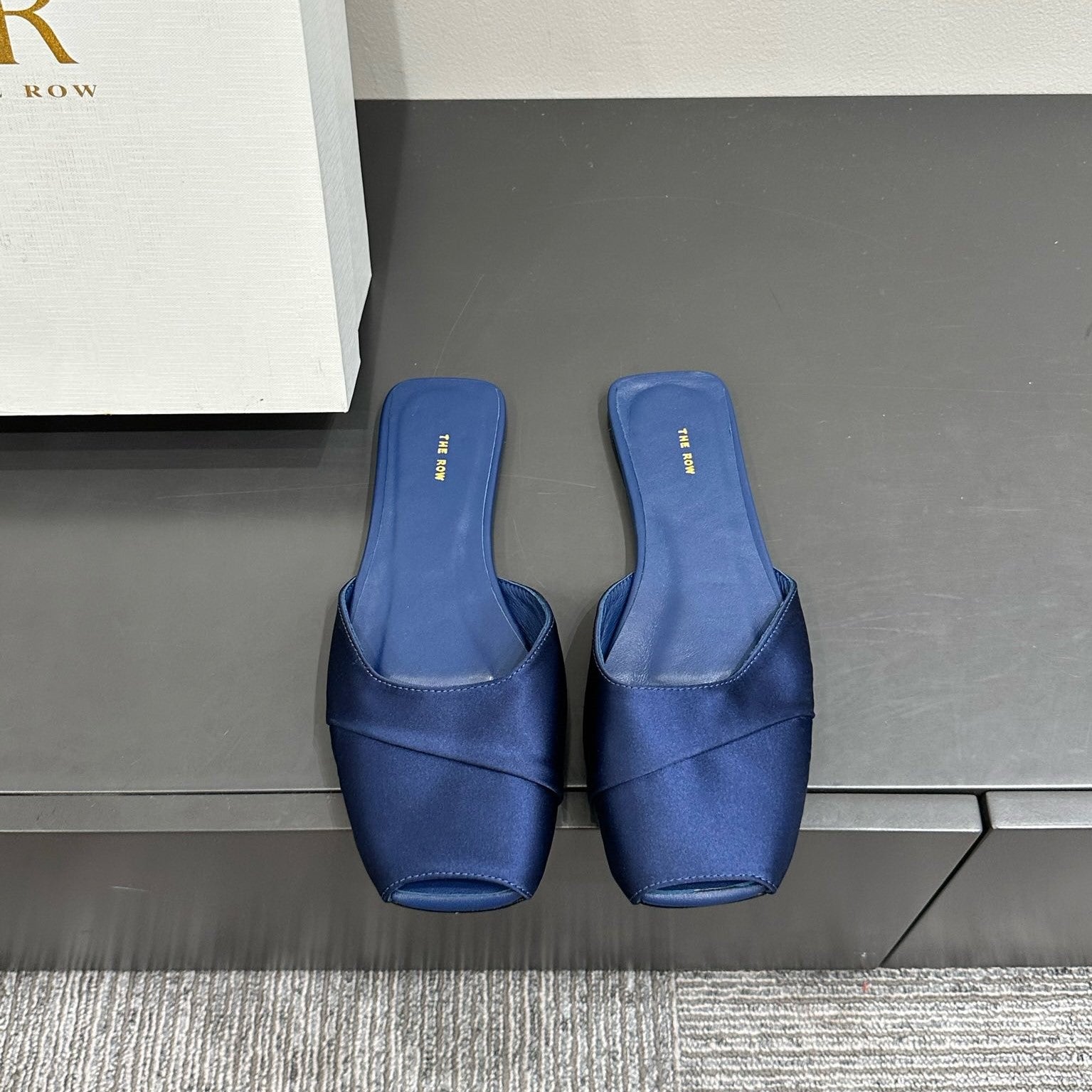 The Row Mule Sandal Navy Blue Satin And Sheepskin Lining 337504