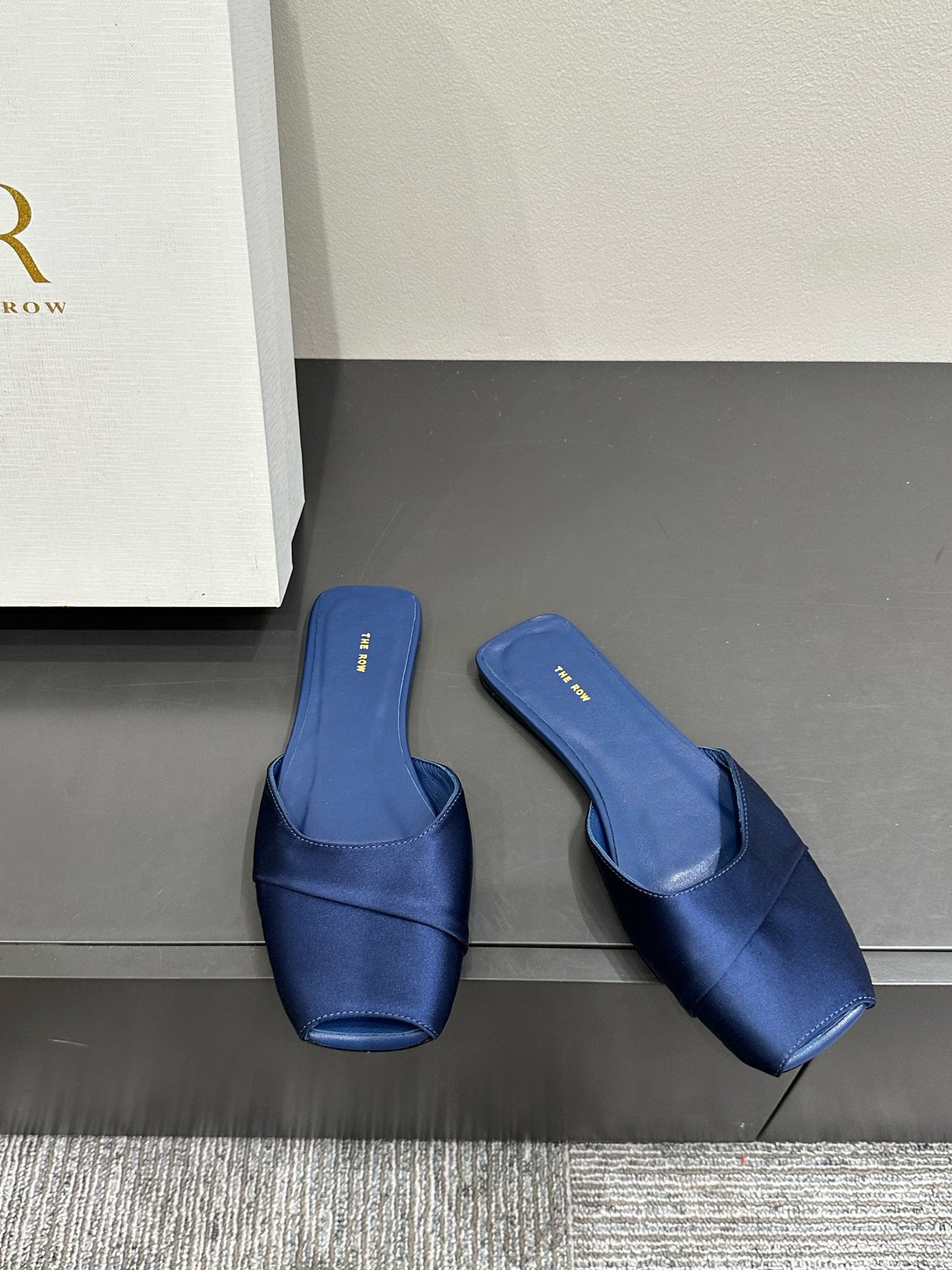 The Row Mule Sandal Navy Blue Satin And Sheepskin Lining 337504
