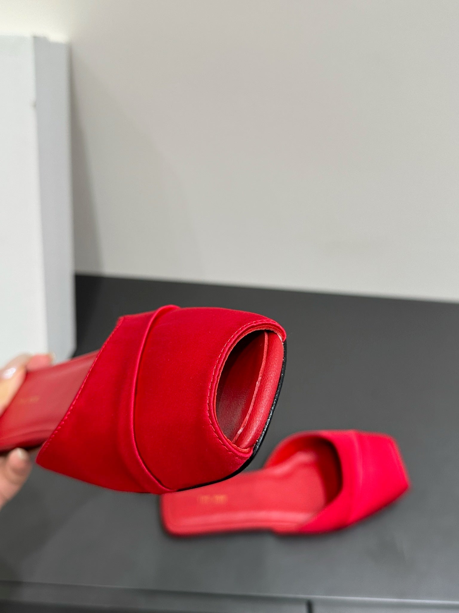 The Row Mule Sandal Red Satin And Sheepskin Lining 337506