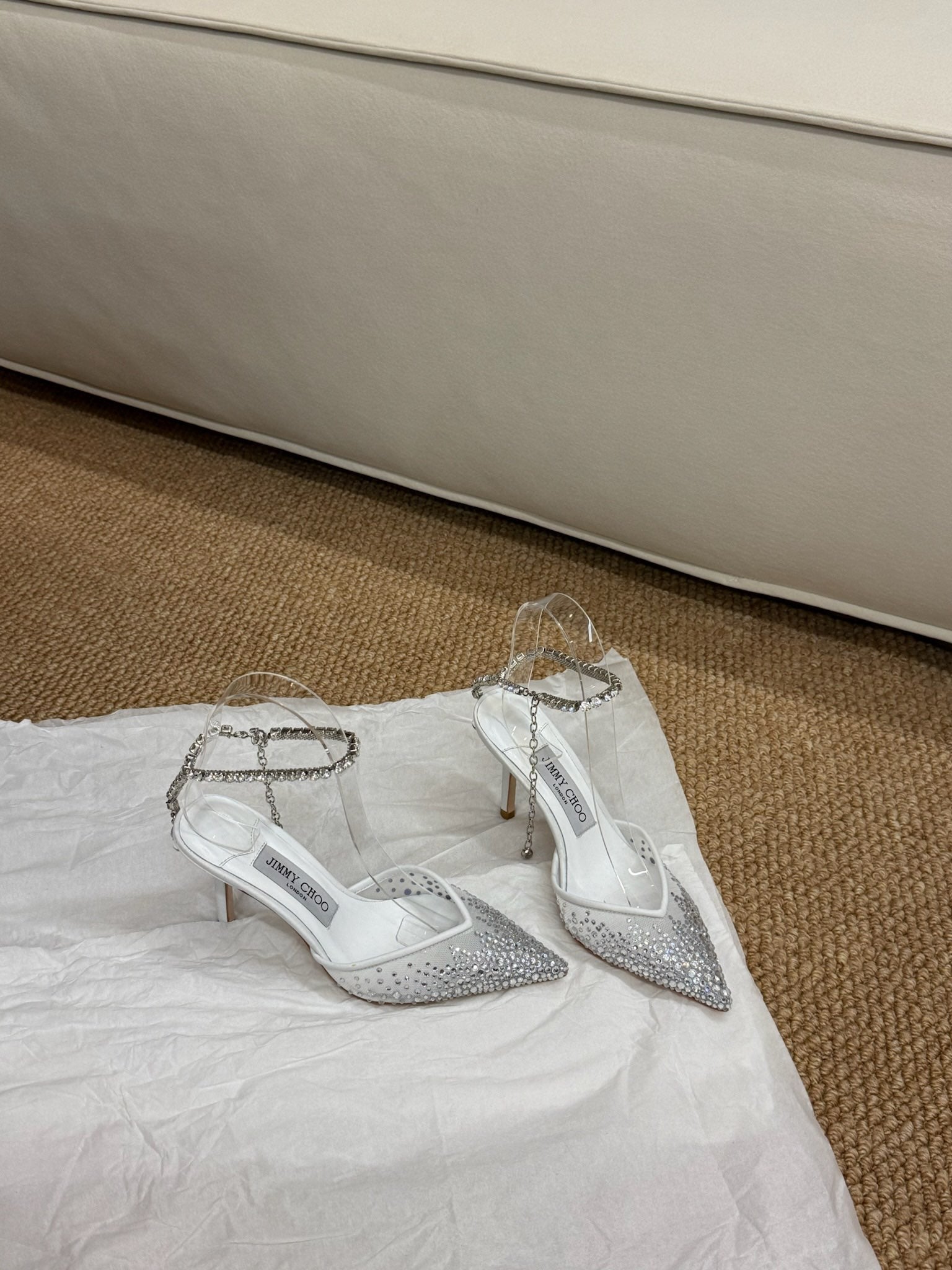 Jimmy Crystal-embellished Saeda Pumps 100mm White Mesh Drill 420170
