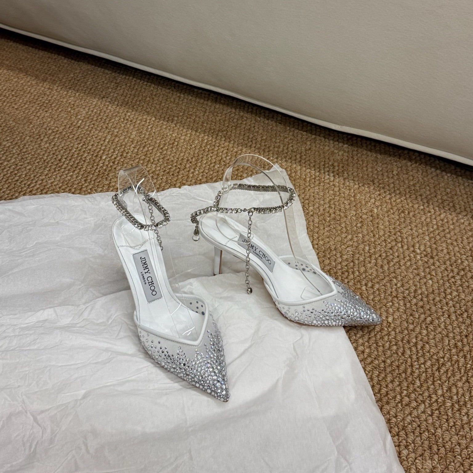 Jimmy Crystal-embellished Saeda Pumps 100mm White Mesh Drill 420170