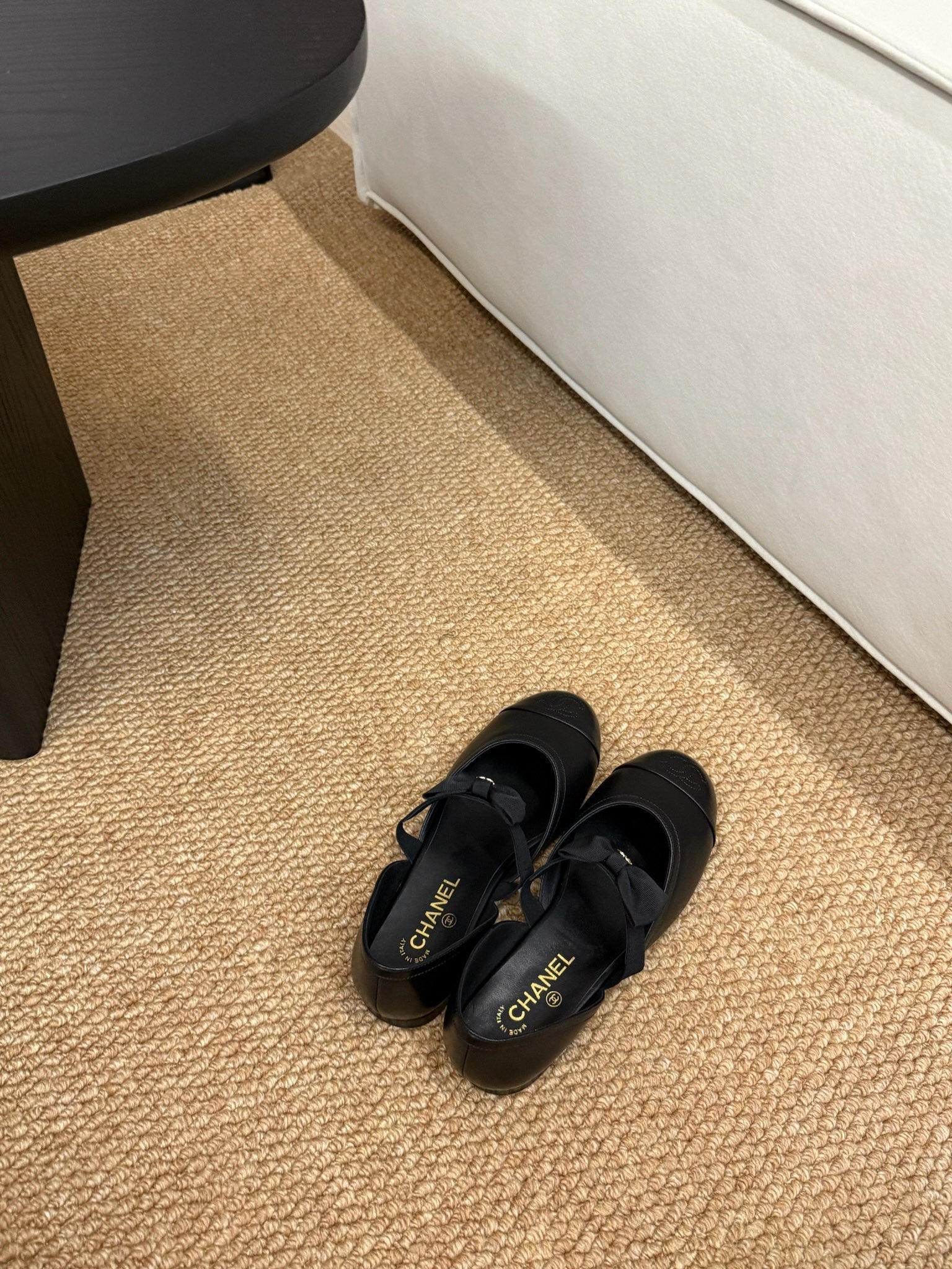 CC 26s Mary Jane Slingback Flats In Black Calfskin Cap Toe Ribbon Strap