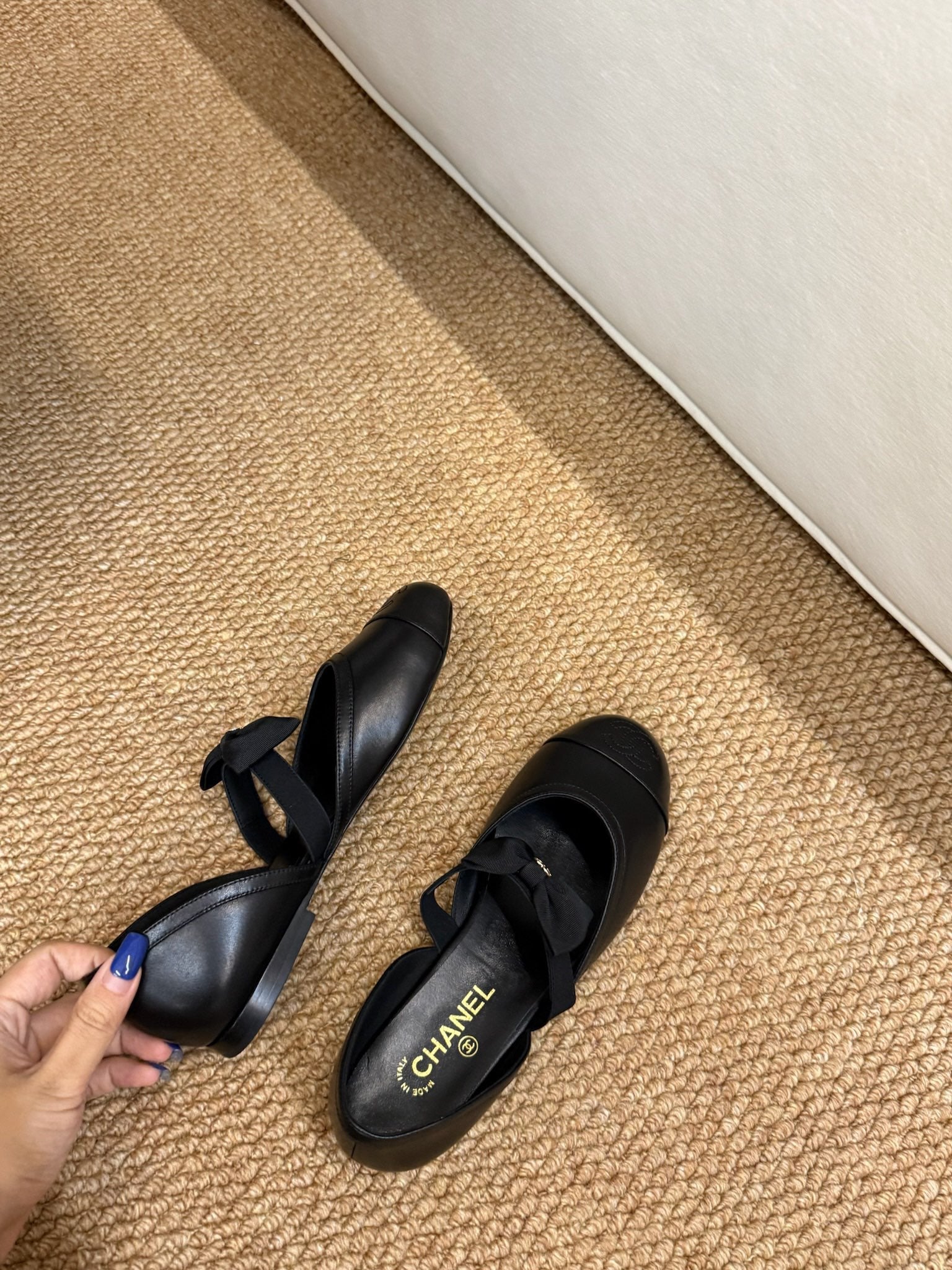 CC 26s Mary Jane Slingback Flats In Black Calfskin Cap Toe Ribbon Strap