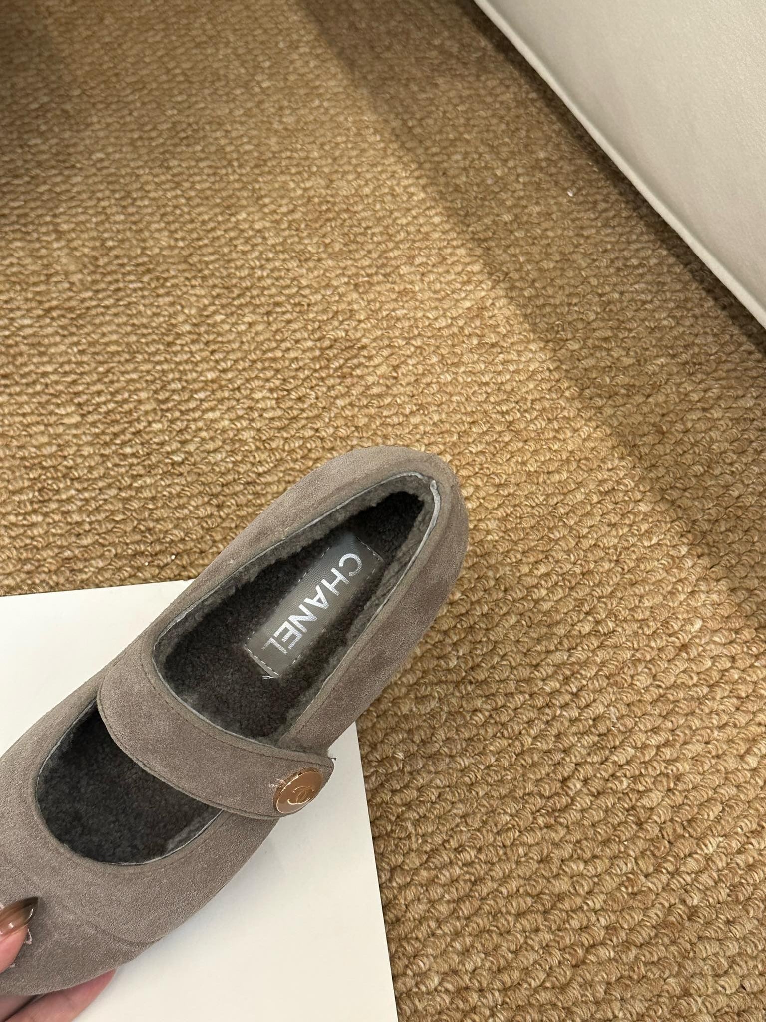 CC 26s Mary Jane Flats Caramel Taupe Brown Suede Shearling Lining
