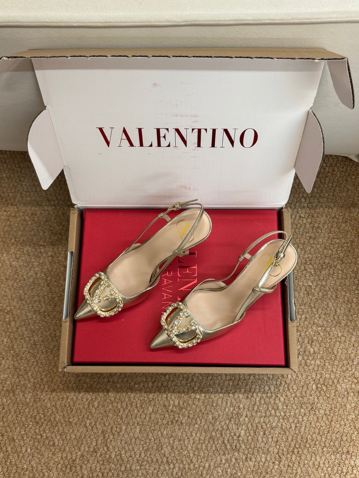 Valentino 26s High Heel Slingbacks In Metallic Gold Calfskin With Crystal