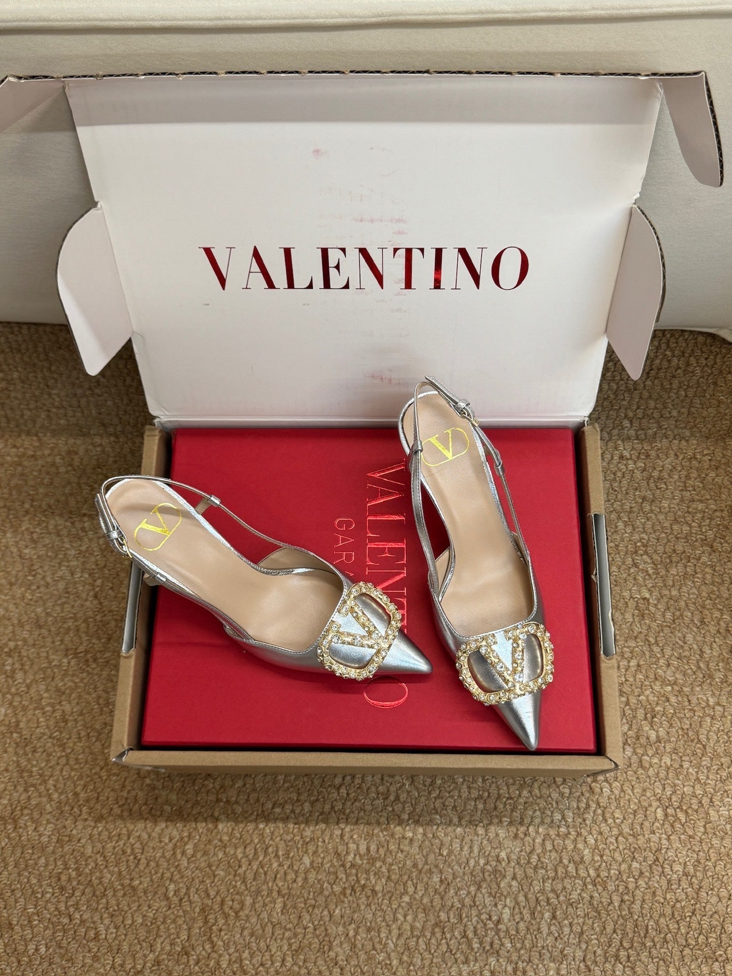Valentino 26s High Heel Slingbacks In Metallic Silver Calfskin With Crystal