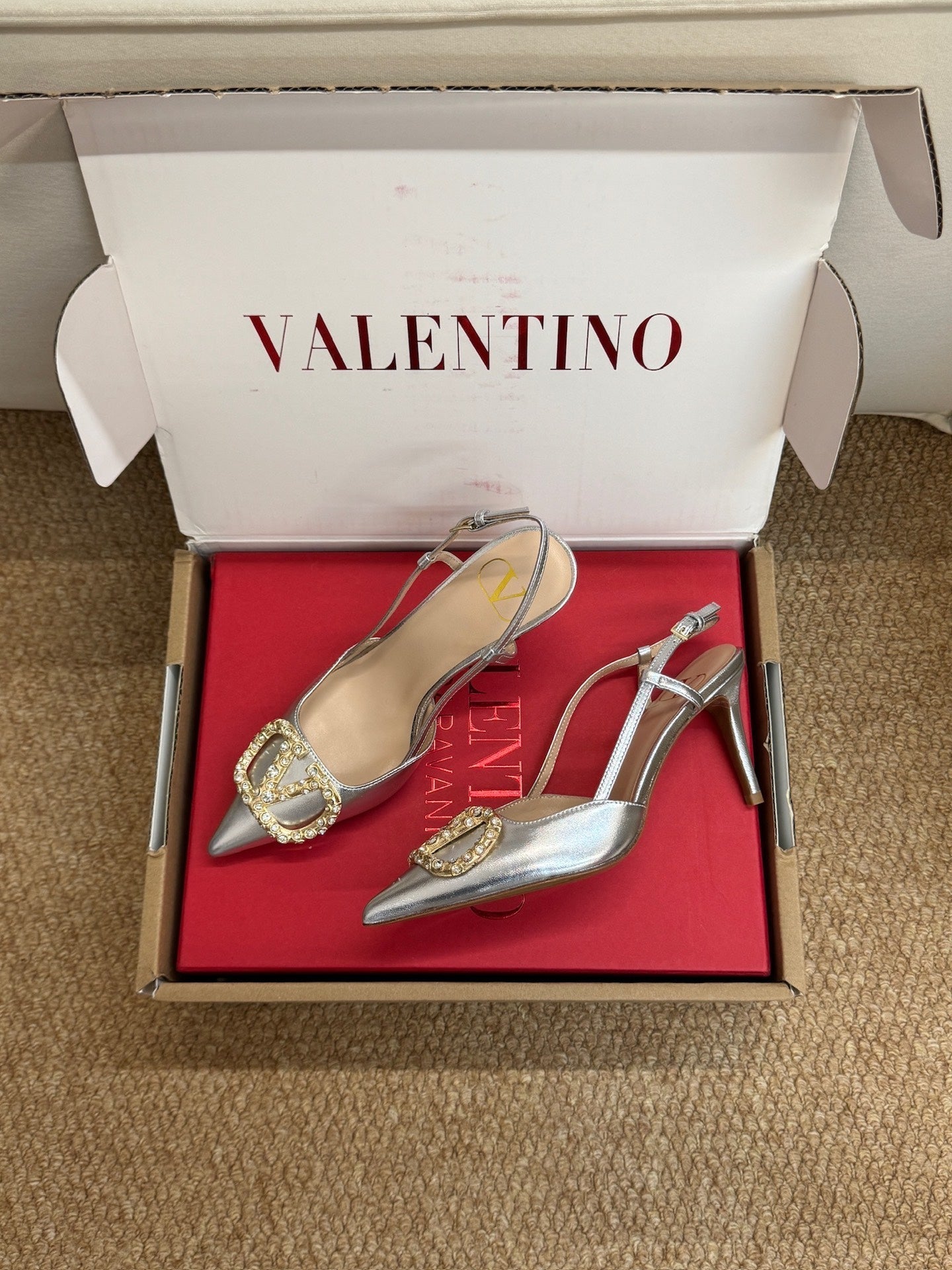 Valentino 26s High Heel Slingbacks In Metallic Silver Calfskin With Crystal