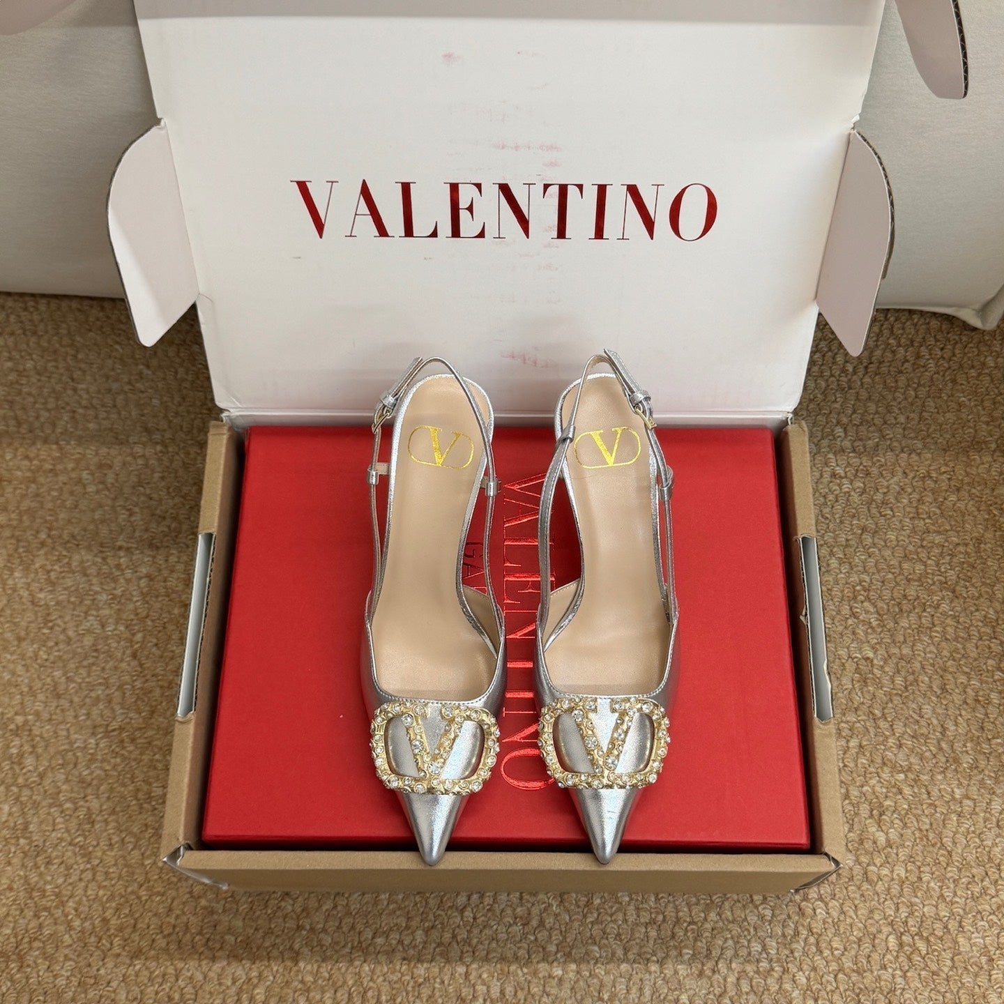 Valentino 26s High Heel Slingbacks In Metallic Silver Calfskin With Crystal