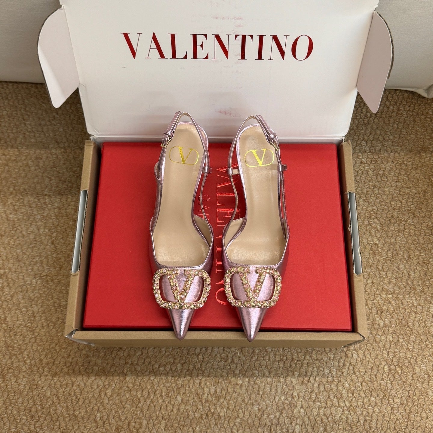 Valentino 26s High Heel Slingbacks In Metallic Pink Calfskin With Crystal