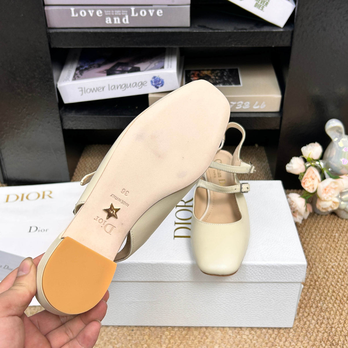 CD 26s Mary Jane Slingback Flats Cream Patent Calfskin 157543