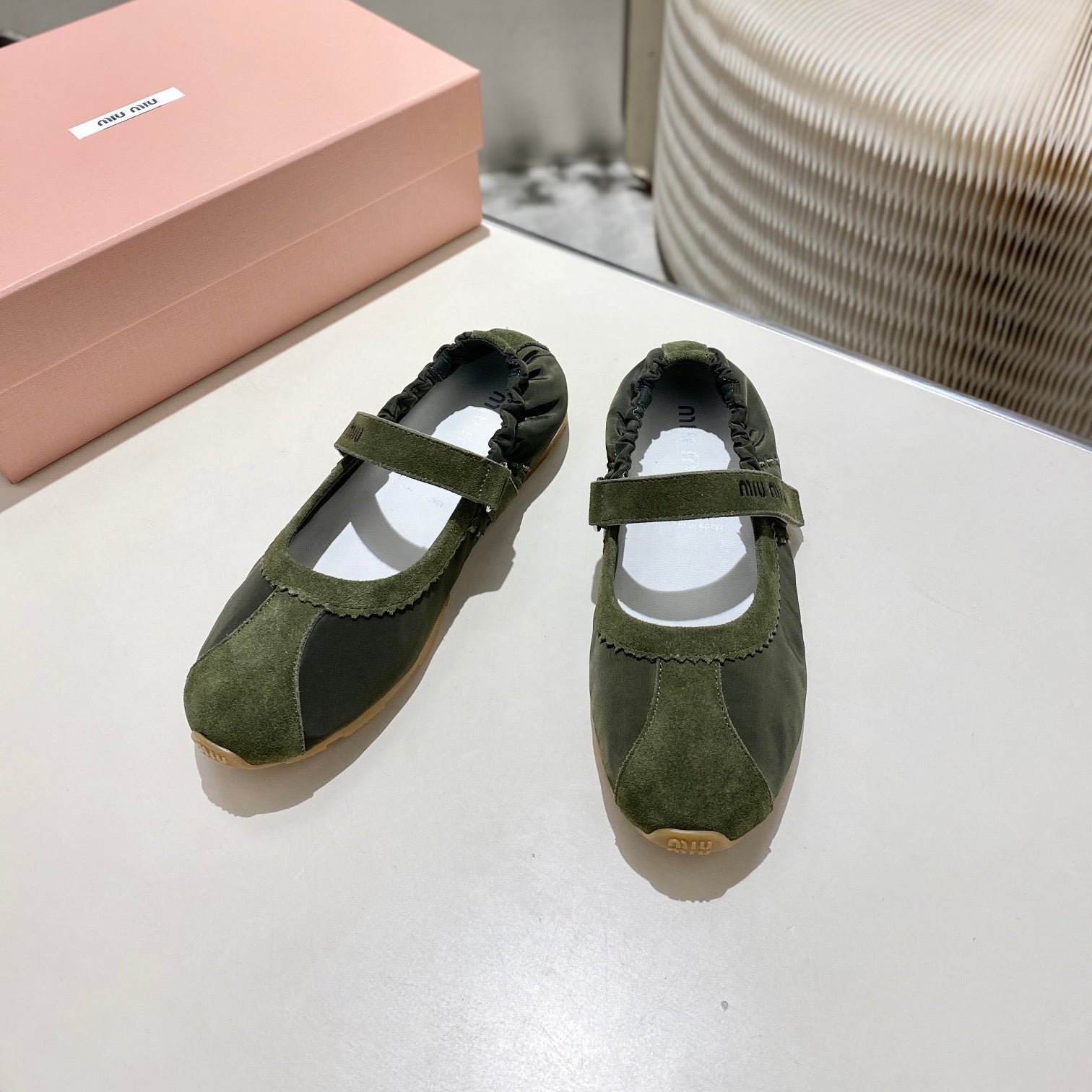Miu 26s Ruches Nappa Ballerinas In Army Green Suede And Fabric