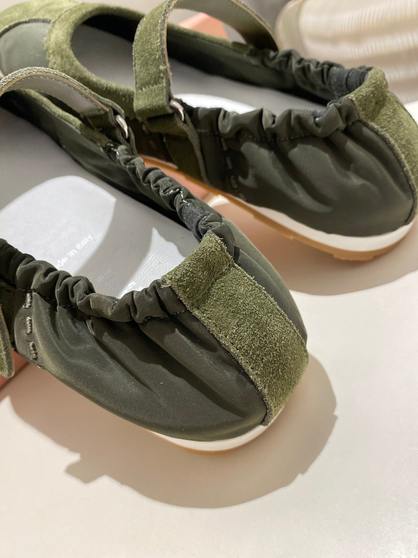 Miu 26s Ruches Nappa Ballerinas In Army Green Suede And Fabric