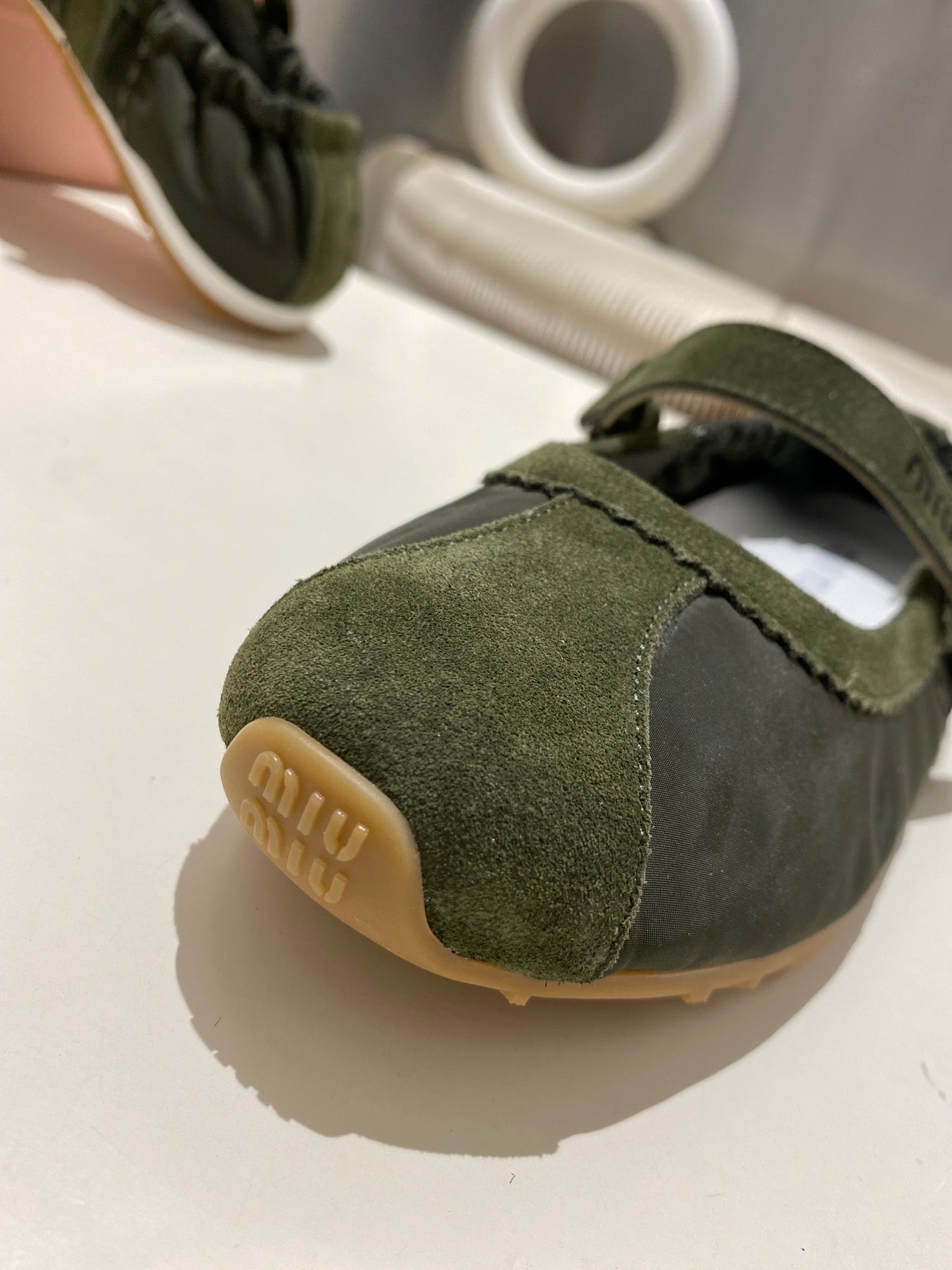 Miu 26s Ruches Nappa Ballerinas In Army Green Suede And Fabric