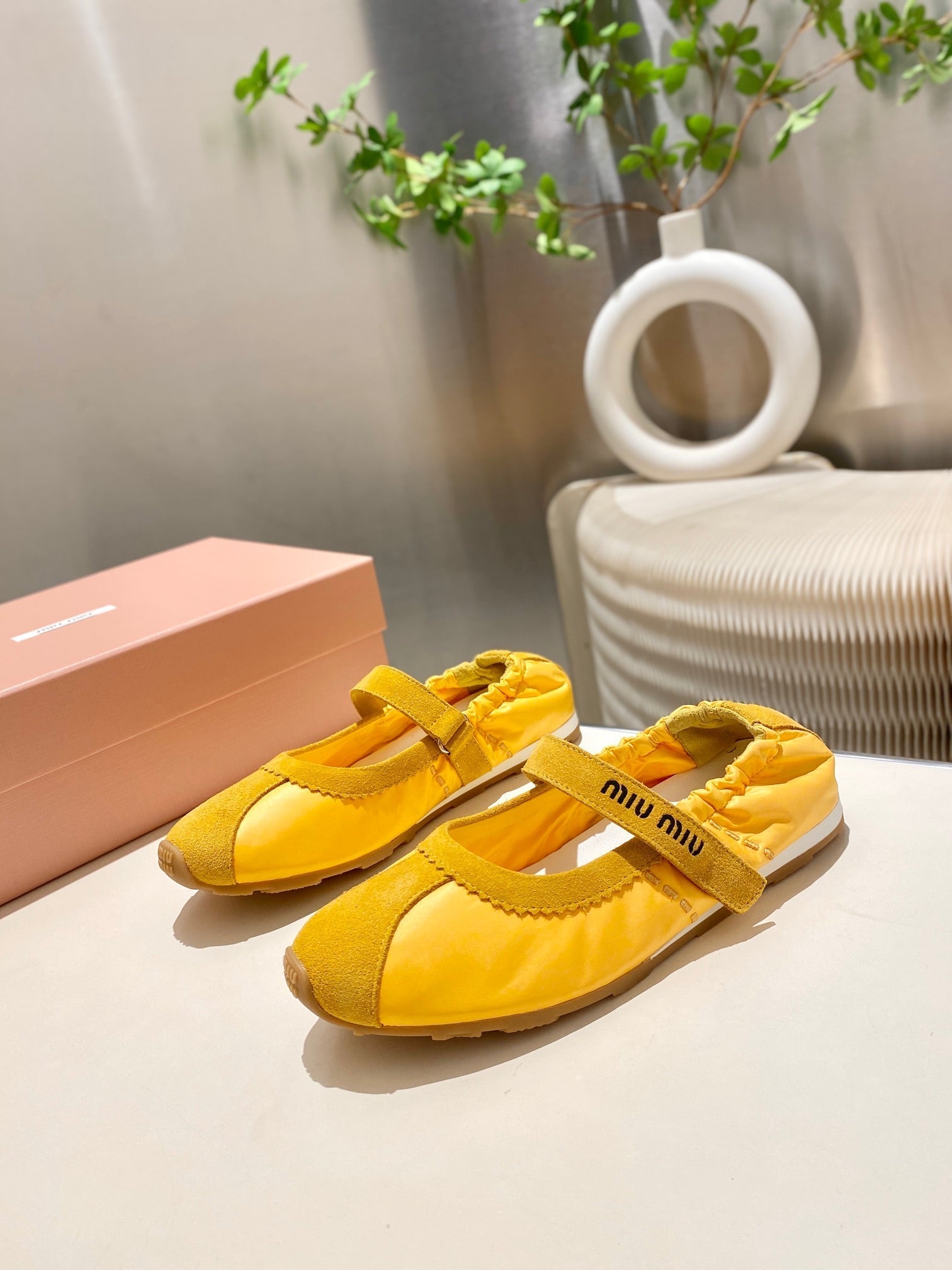 Miu 26s Ruches Nappa Ballerinas In Yellow Suede And Fabric