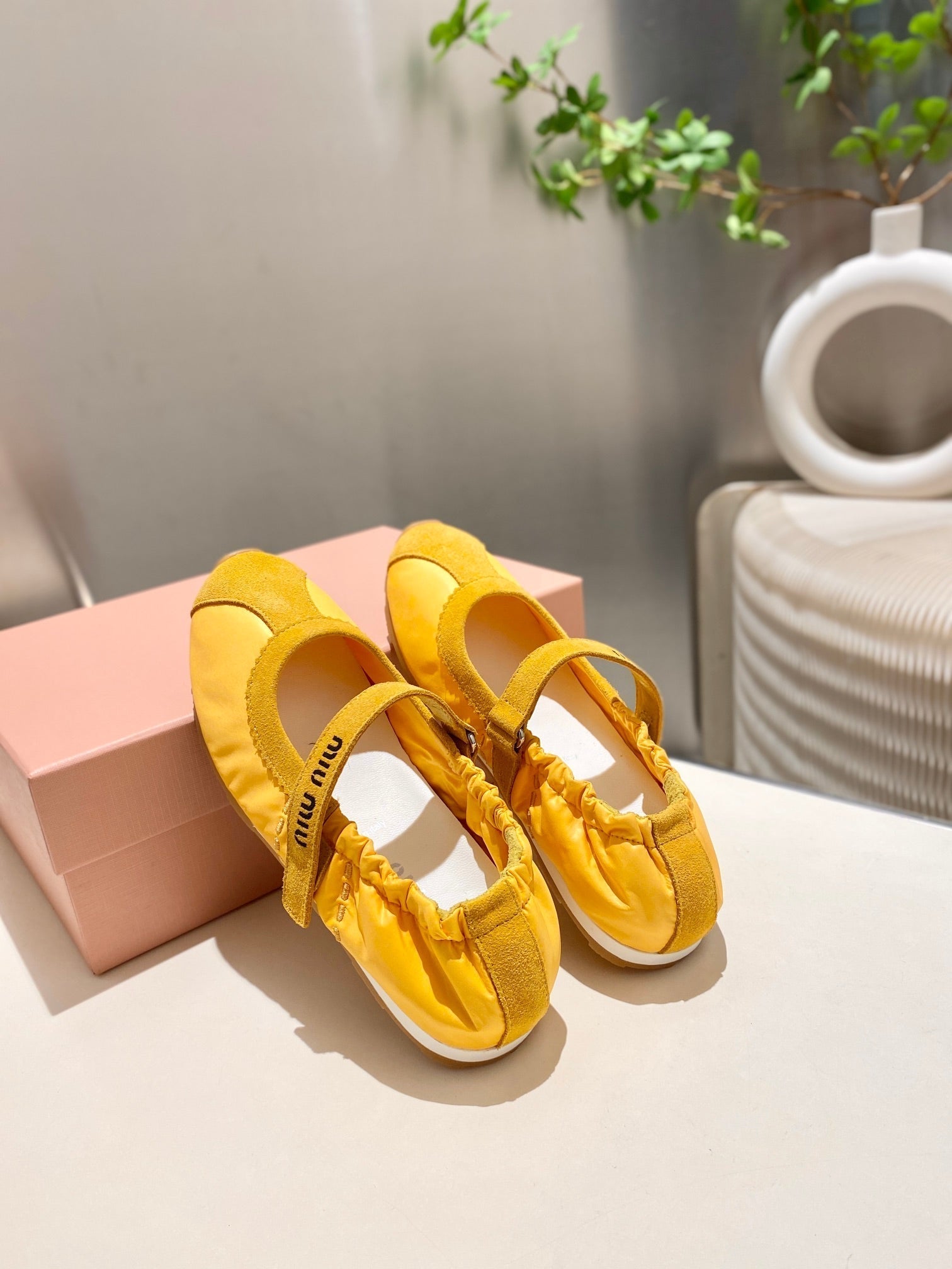 Miu 26s Ruches Nappa Ballerinas In Yellow Suede And Fabric