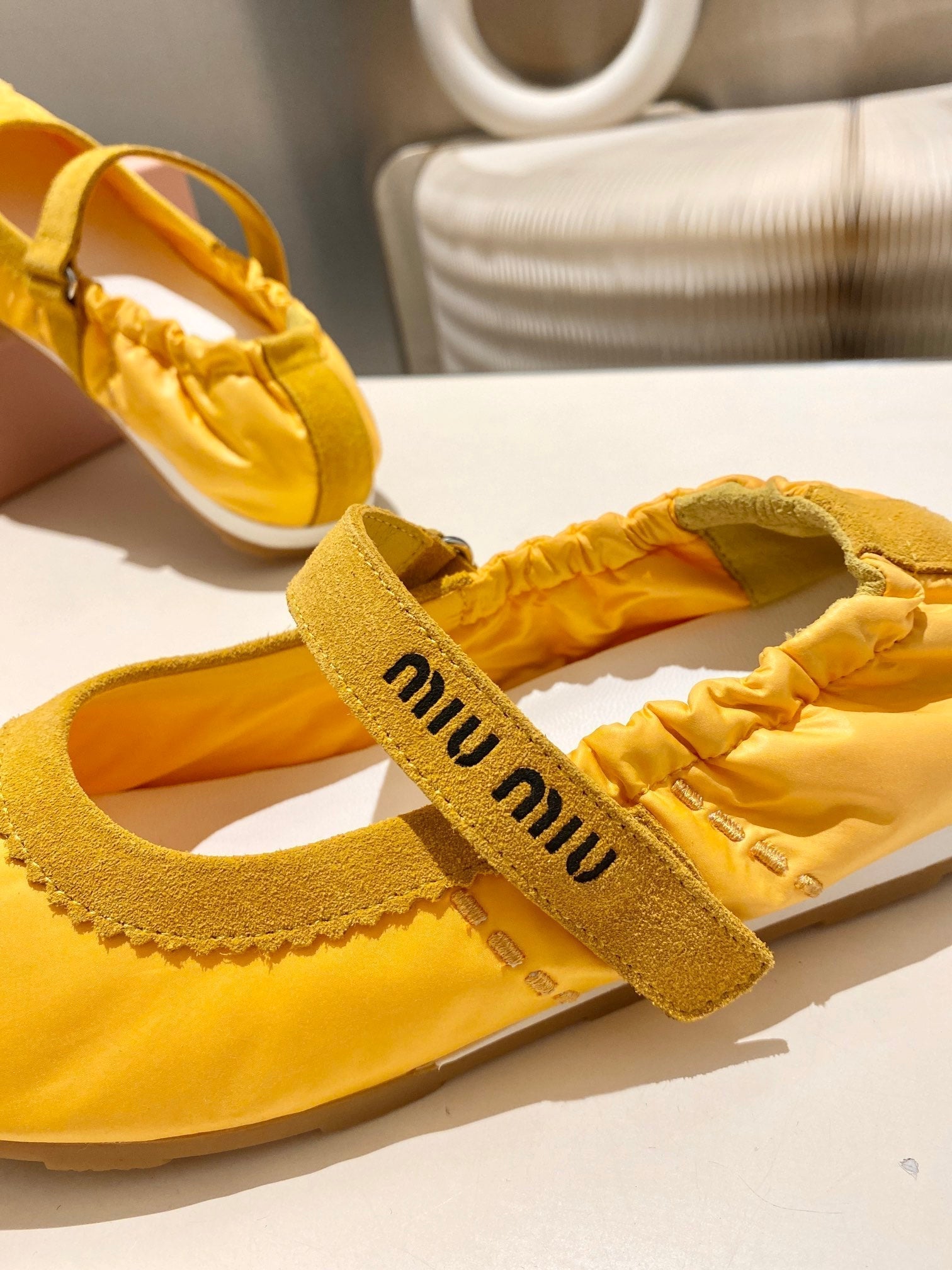 Miu 26s Ruches Nappa Ballerinas In Yellow Suede And Fabric