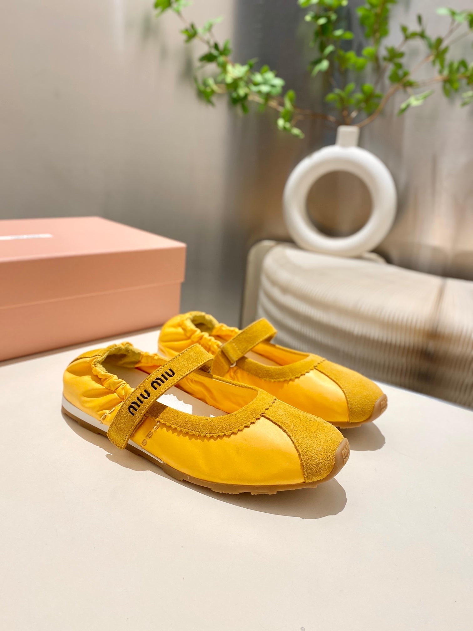 Miu 26s Ruches Nappa Ballerinas In Yellow Suede And Fabric