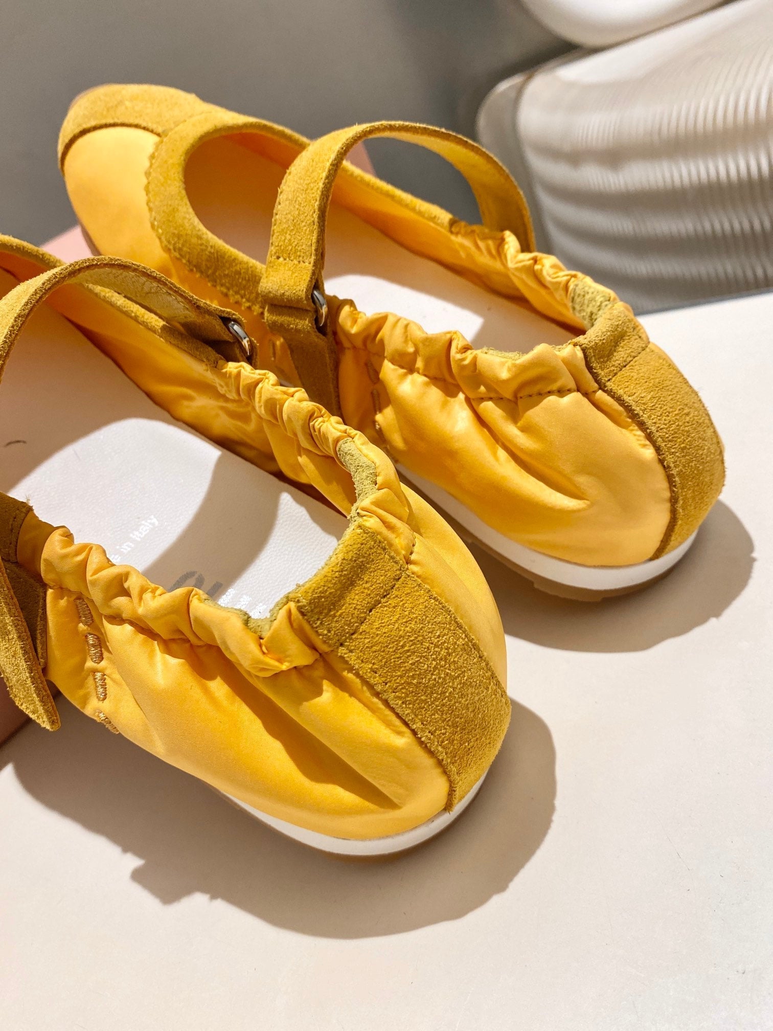 Miu 26s Ruches Nappa Ballerinas In Yellow Suede And Fabric