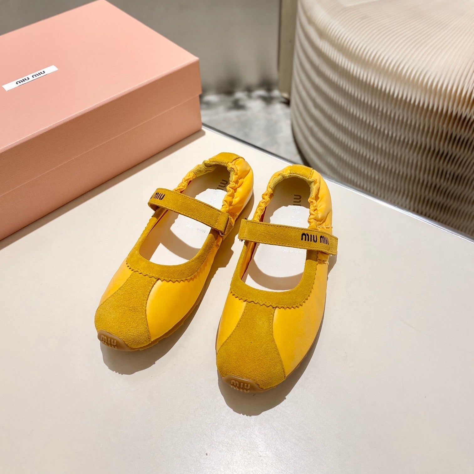 Miu 26s Ruches Nappa Ballerinas In Yellow Suede And Fabric