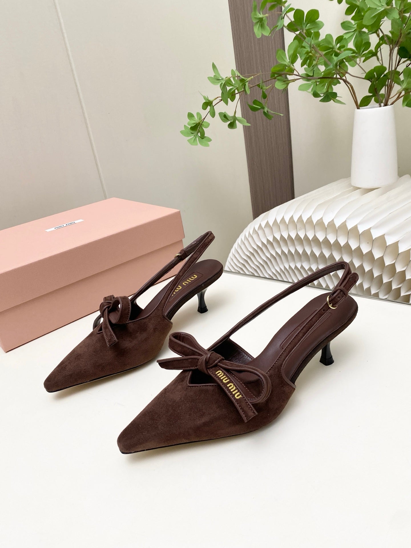 Miumiu 26s Slingback Pumps 55mm In Dark Brown Suede With Bow