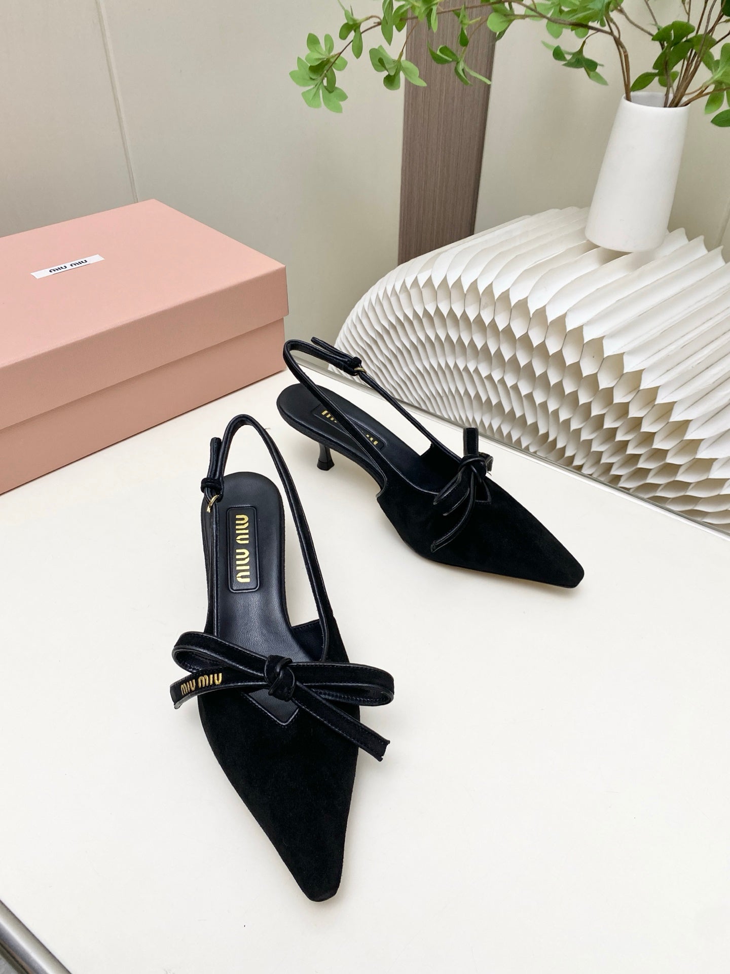 Miumiu 26s Slingback Pumps 55mm In Black Suede With Bow