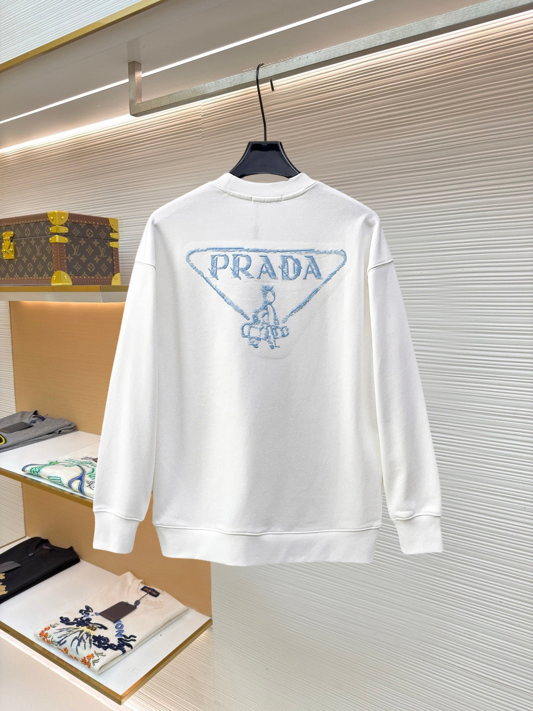 Prada 26s Men Crewneck Sweatshirt Embroidered Triangle Logo 835291