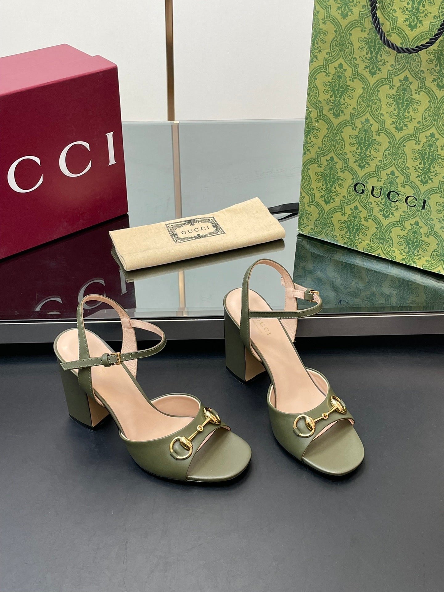 GG Women Horsebit High Heel Sandal Open Toe Olive Sheepskin 149217