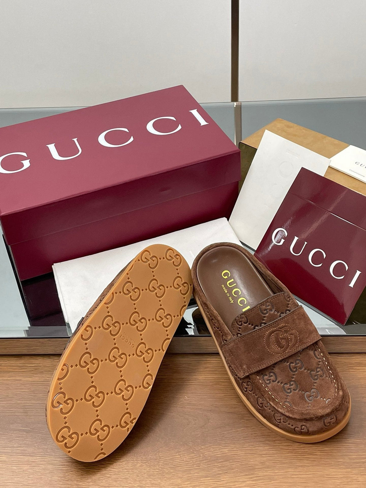 Gucci 26s Celia Mules Brown GG Suede 156866