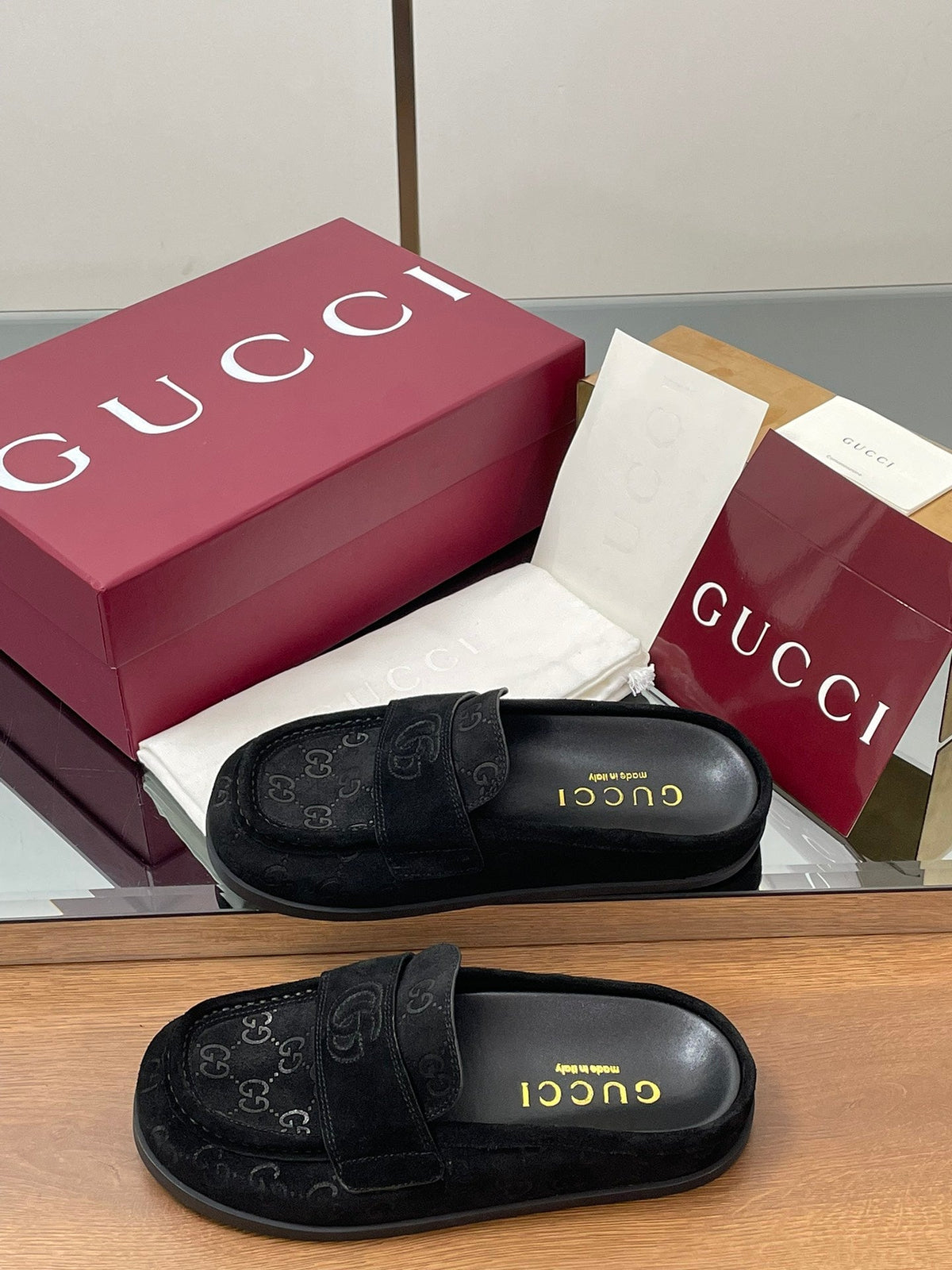 Gucci 26s Celia Mules Black GG Suede 156837