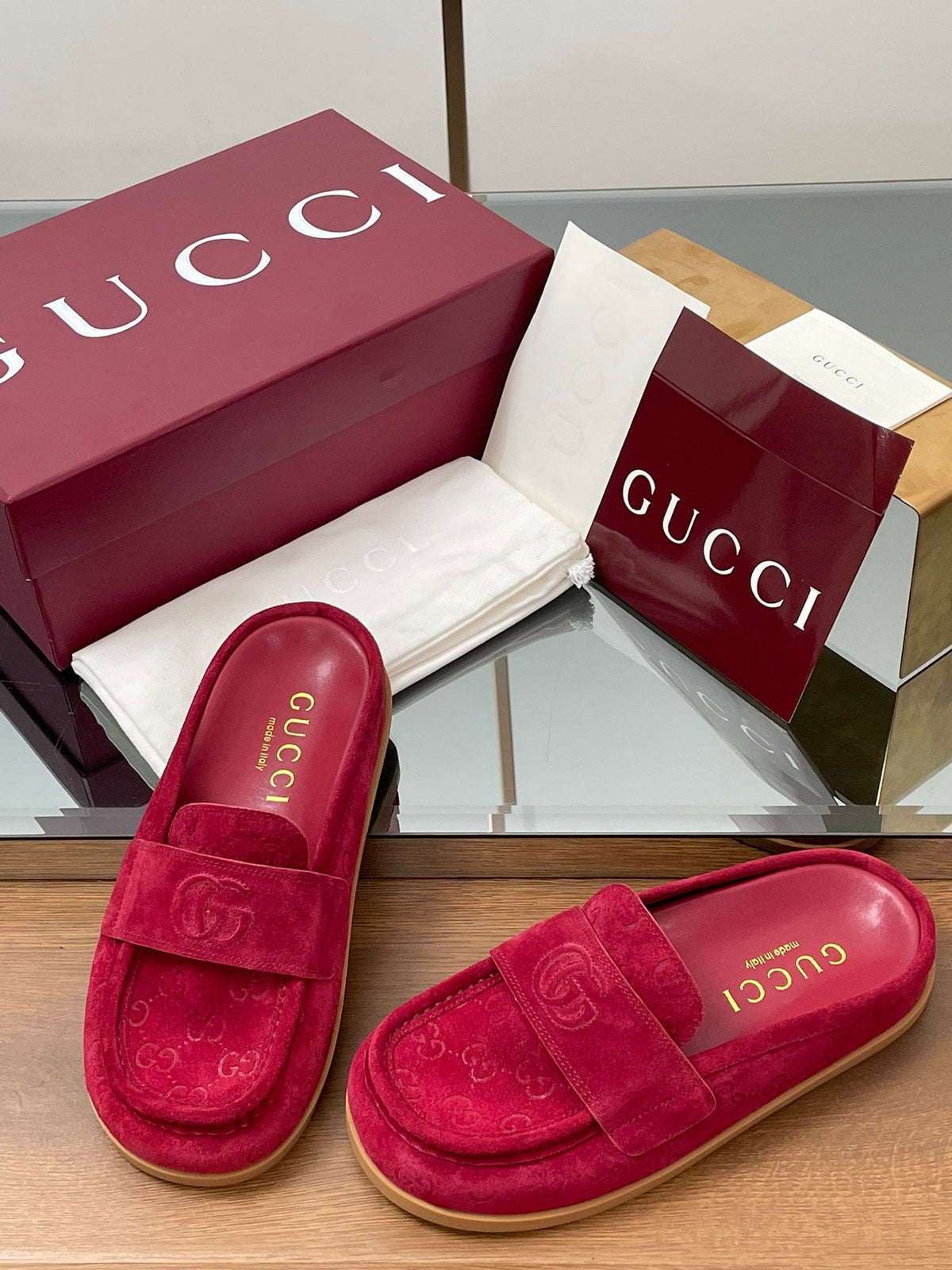 Gucci 26s Celia Mules Fuchsia GG Suede 156838